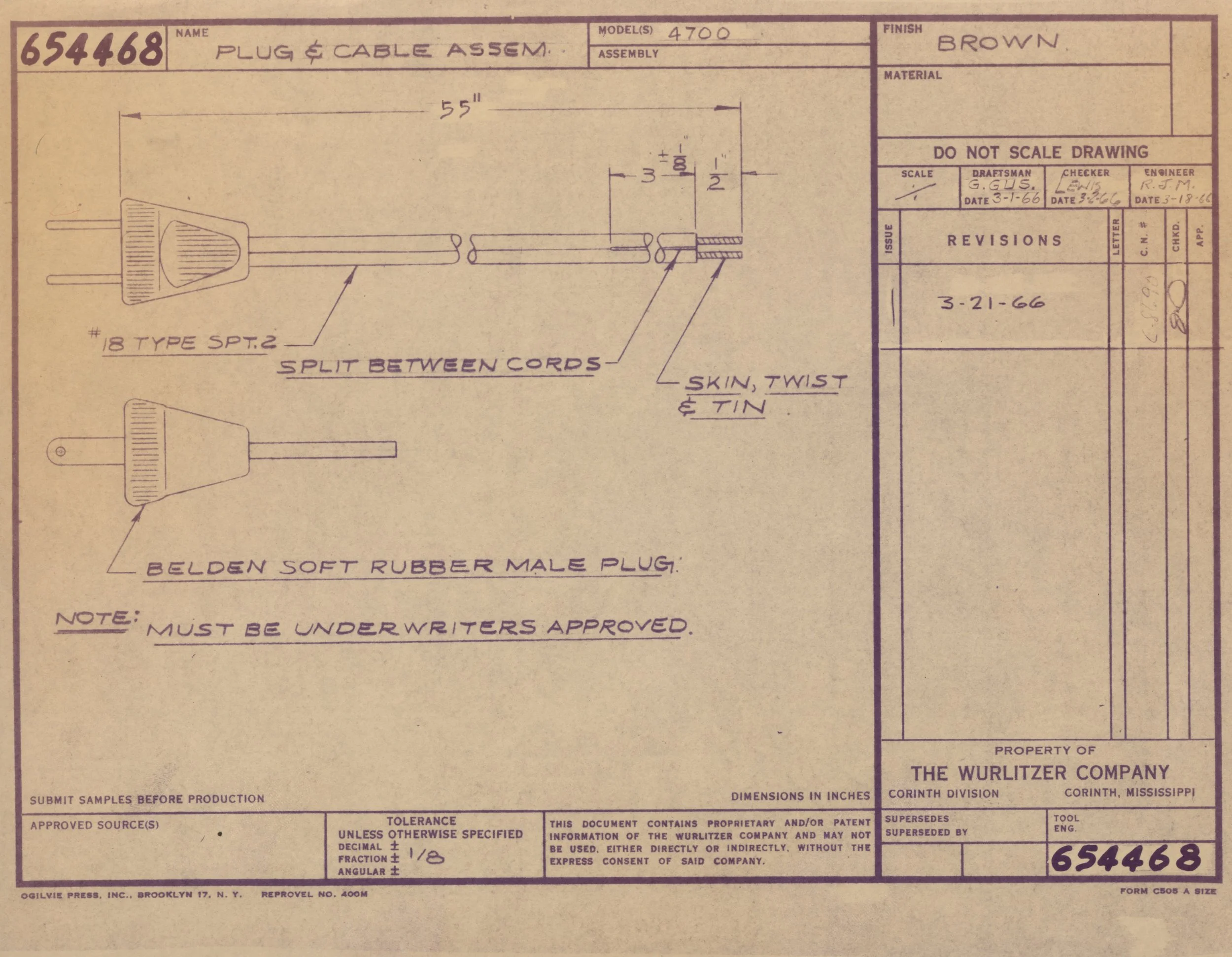 Technical schematic drawing of an electrical plug and cable assembly, with detailed notes on parts, dimensions, and material specifications.