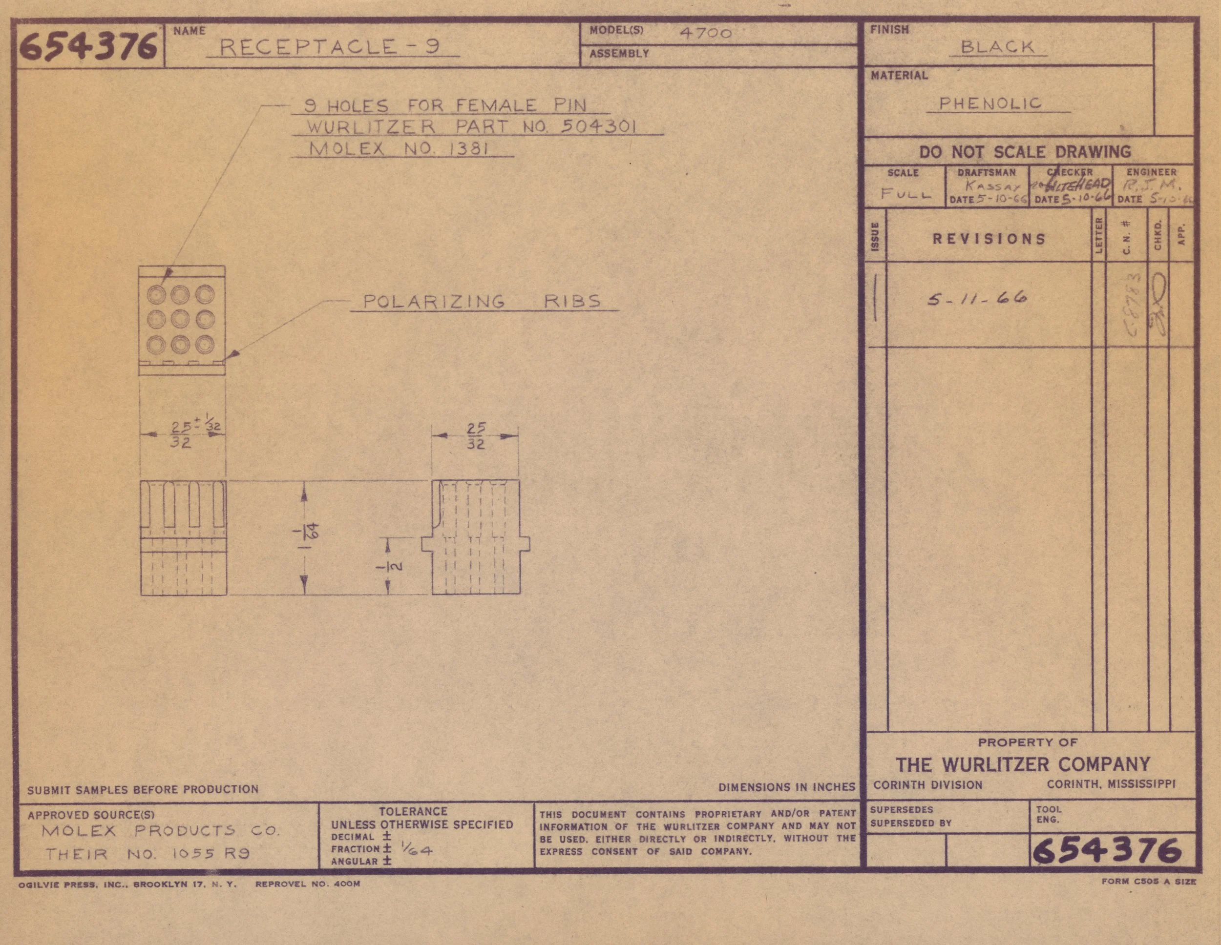 Technical drawing of a receptacle named 'Receptacle-9' with 9 holes for female pin, dimensions, and specifications from the Wurlitzer Company, with annotations and technical details.