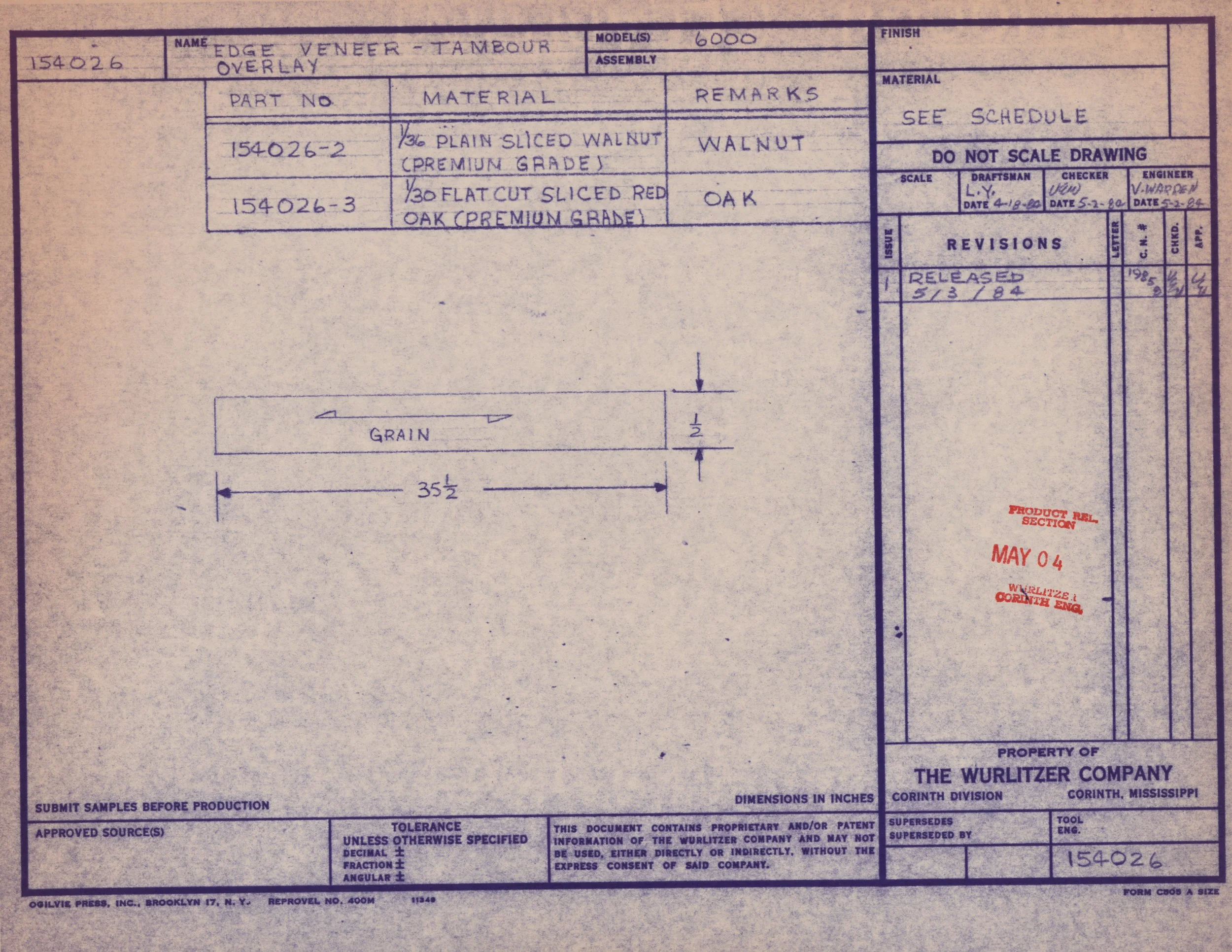 A detailed engineering blueprint. It includes various measurements, notes, and specifications for a part called Edge Veneer - Tambour Overlay. The blueprint features a diagram with dimensions in inches, revision notes, and manufacturing details.