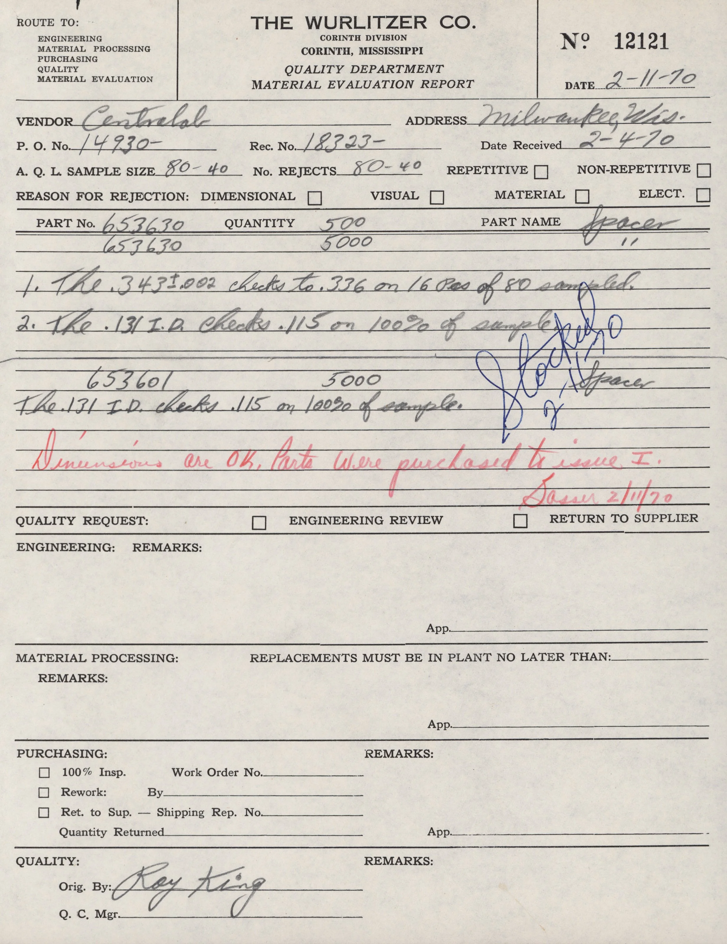 A handwritten old material evaluation report form from The Wurlitzer Co. with details filled out, including vendor, address, date, part number, quantity, and signatures, with some handwritten notes in cursive.