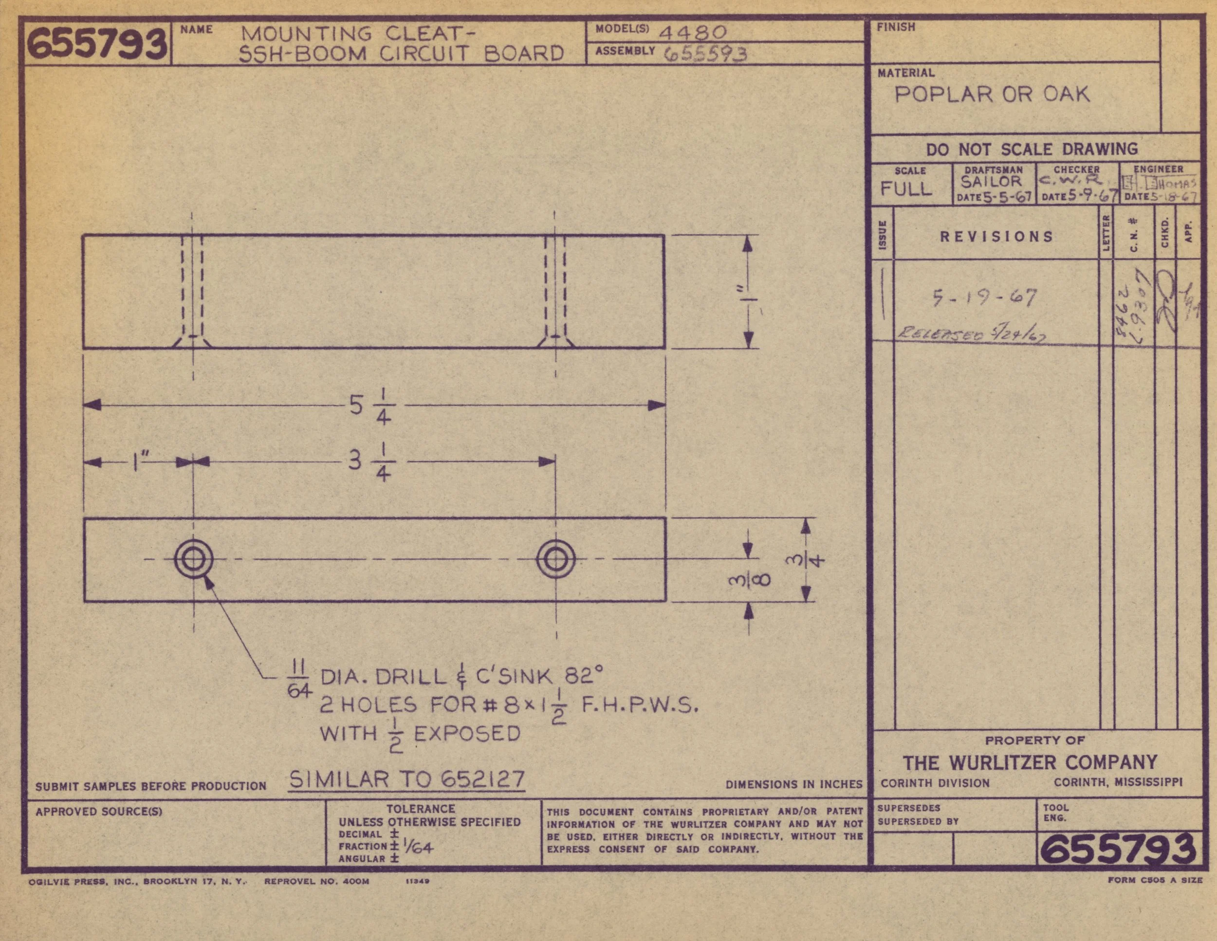 Blueprint drawing of a mounting cleat SSH-Boom circuit board with dimensions, material specifications, revision details, and approval signatures.