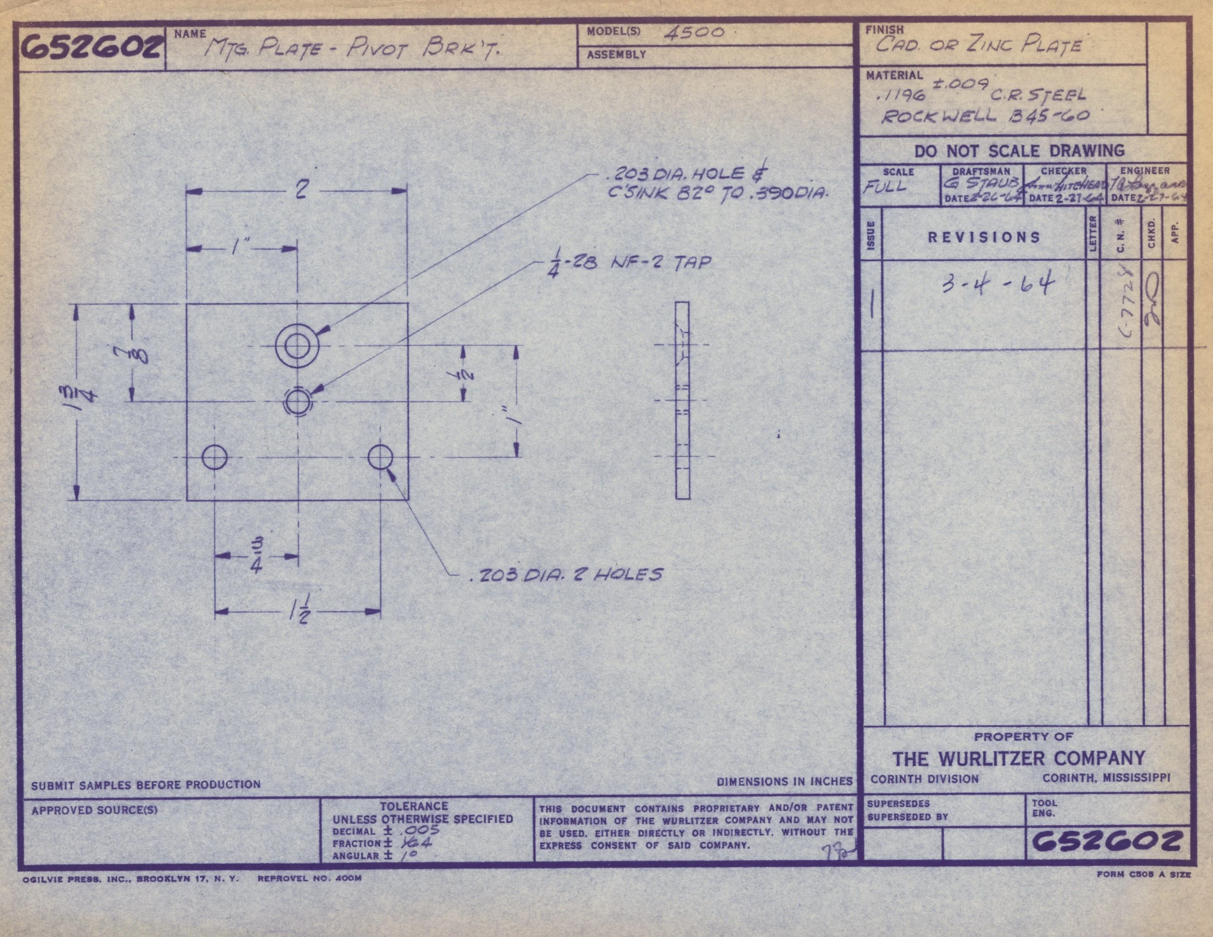 Technical engineering blueprint of a mounting plate, showing dimensions, hole sizes, and details for manufacturing, created by The Wurlitzer Company.