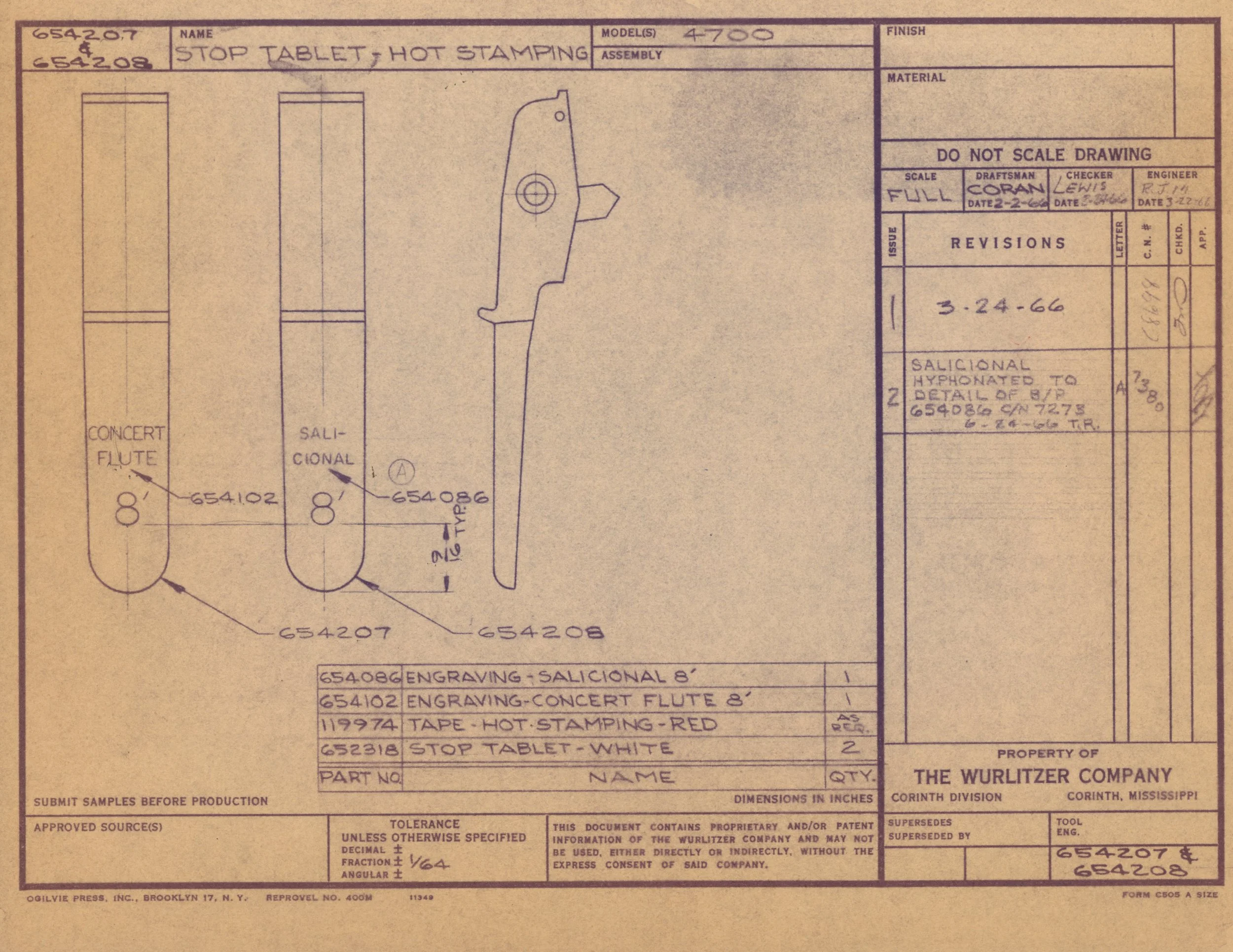 Technical blueprint or engineering drawing for a stop tablet, hot stamping, with dimensions and detailed annotations. The document includes handwritten notes, revisions, and specifications, and is labeled with part numbers, material details, and appr