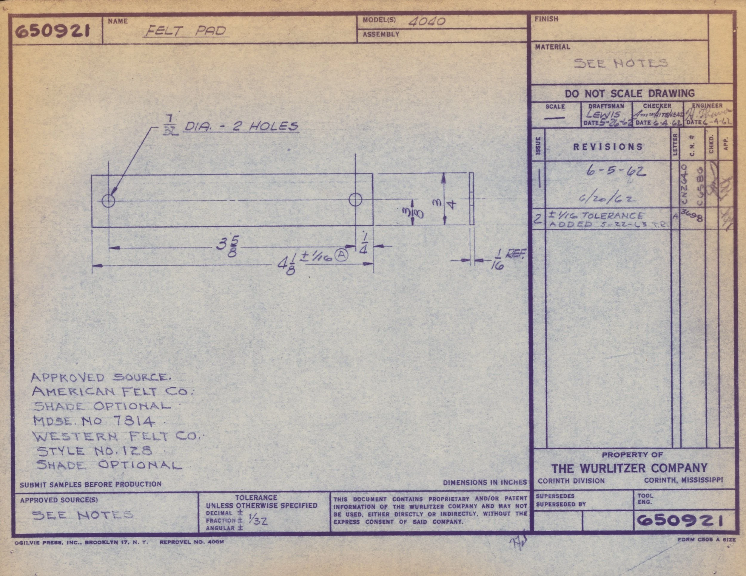 Technical drawing of a felt pad with detailed dimensions, notes, and approval stamps. The drawing indicates a diameter of 7 inches with two holes, and includes various measurements and annotations related to design specifications.