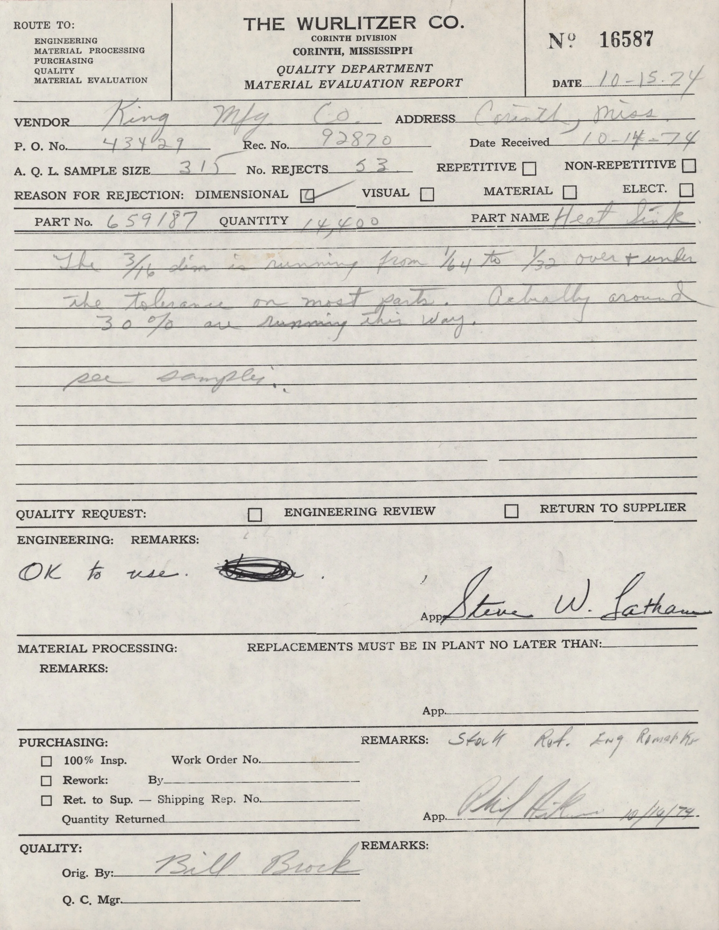 A handwritten document titled 'Material Evaluation Report' from The Wurlitzer Co., dated October 15, 1974. It contains vendor information, sample details, rejection reasons, and remarks about the material, which is heat-treated steel, used in manufac