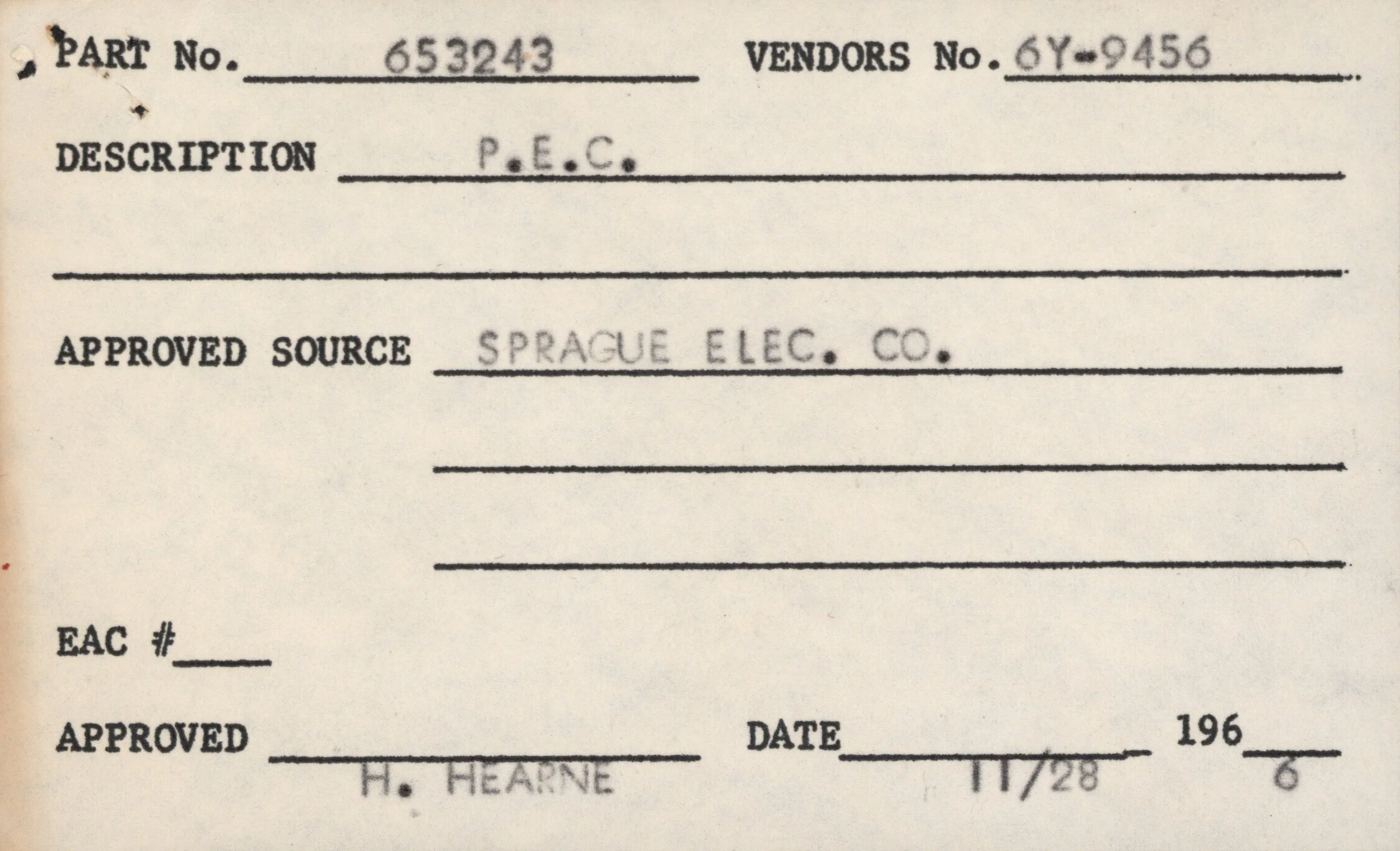 A vintage technical or engineering document with handwritten and typed information, including part number 653243, vendor number 6Y-9456, description P.E.C., approved source Sprague Elec. Co., and approval and date fields.