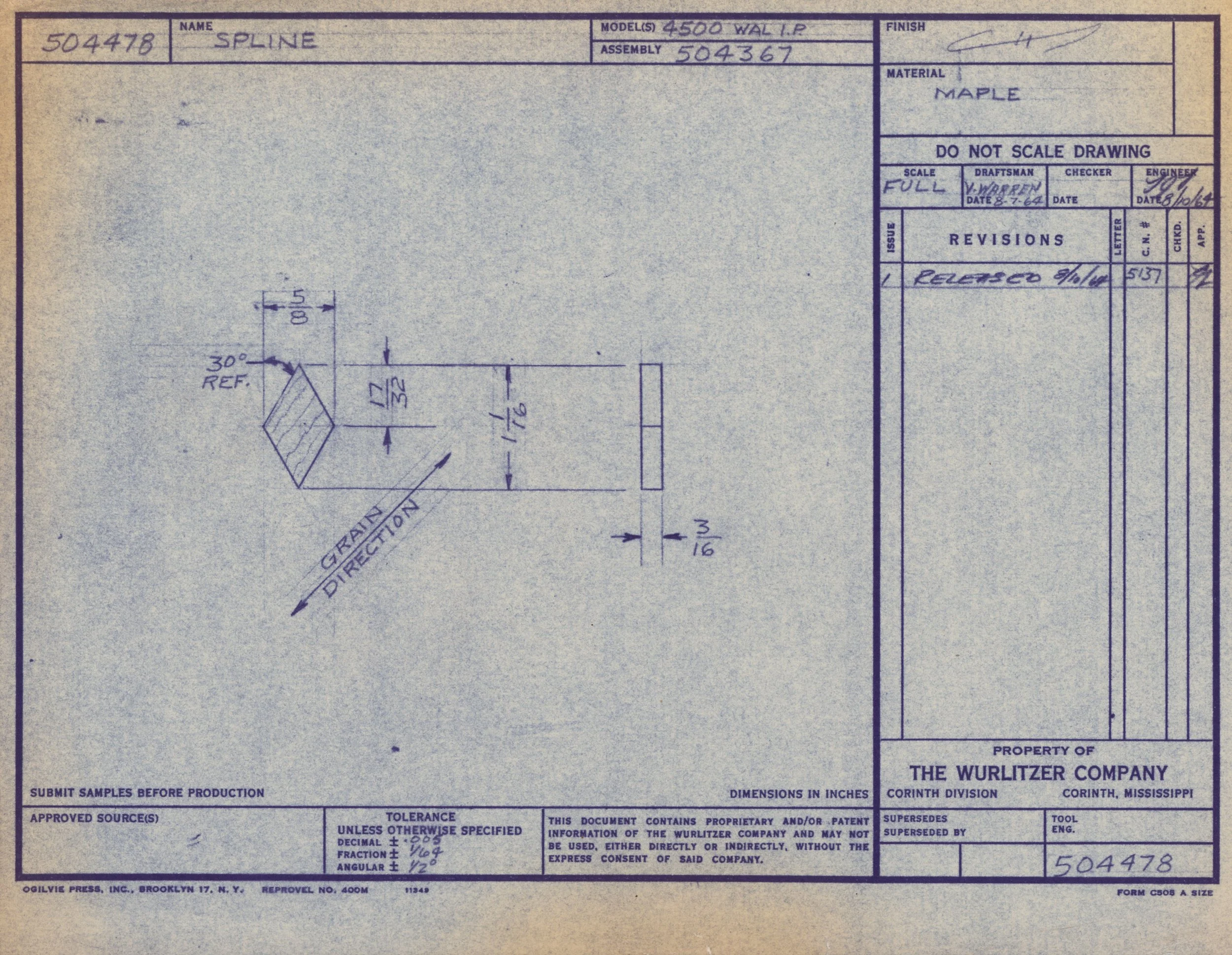 Technical drawing or blueprint for a maple wood piece by The Wurlitzer Company, with dimensions, instructions, and approval stamps, including artist and date details.