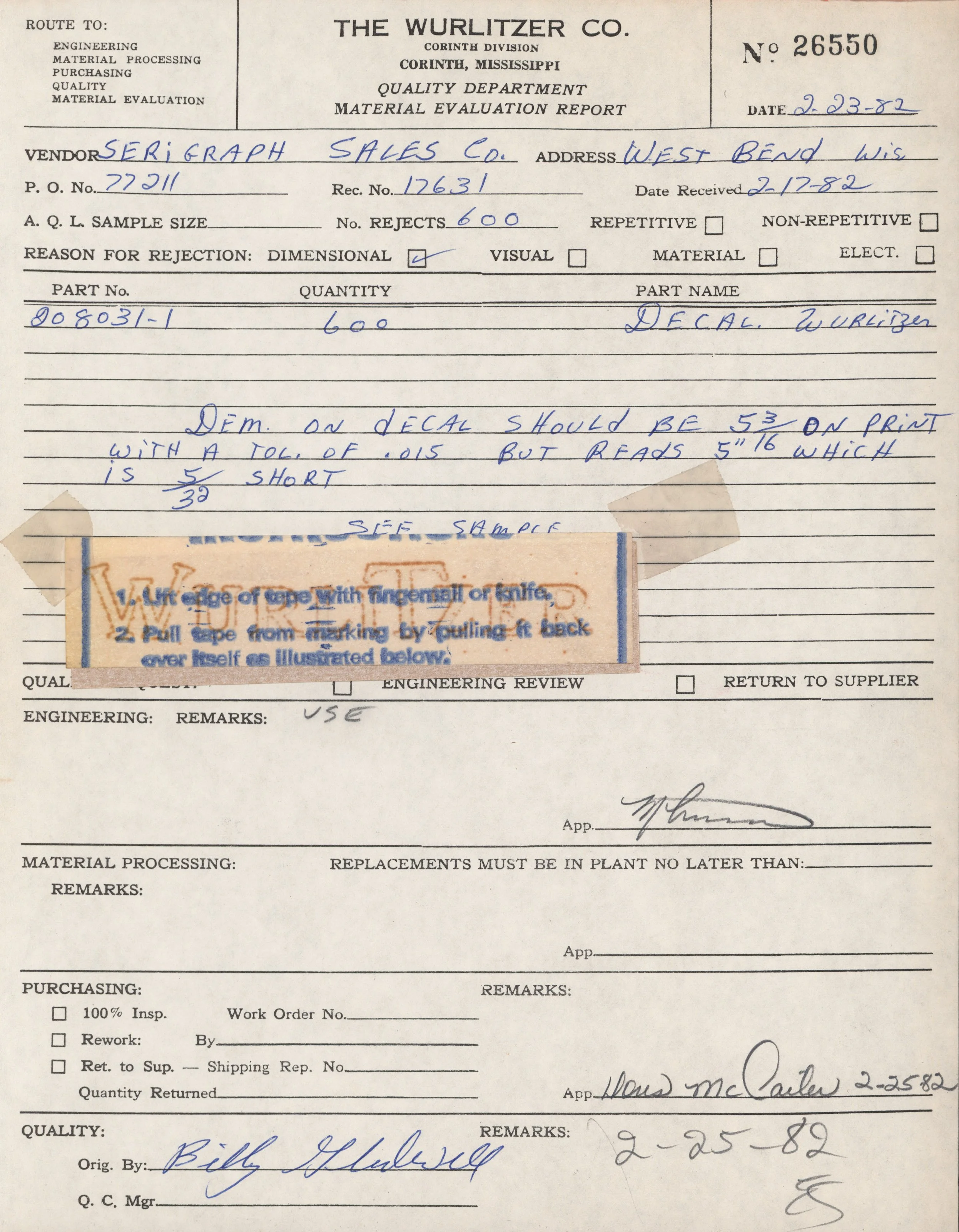 A vintage quality evaluation report form from The Wurlitzer Co., Corinth Division. It includes handwritten notes, signatures, and a sample decal image attached with tape.