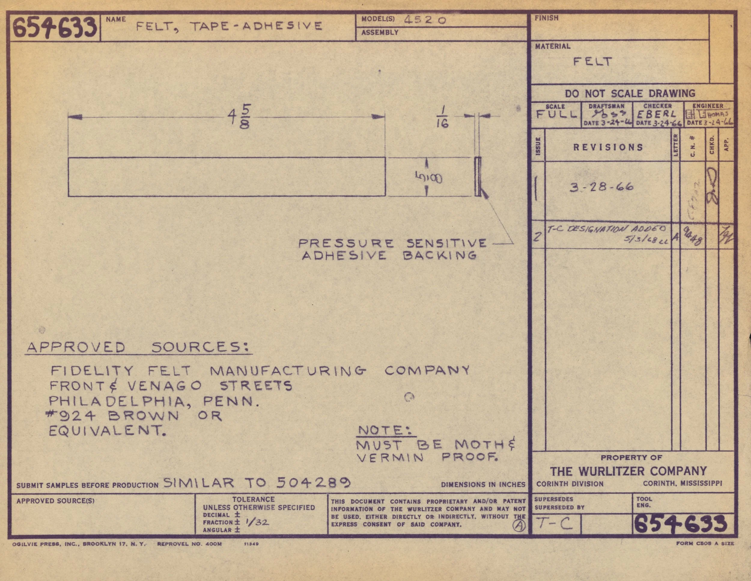A technical engineering drawing for felt, tape, and adhesive, showing dimensions and specifications, including pressure-sensitive adhesive backing and manufacturing details.