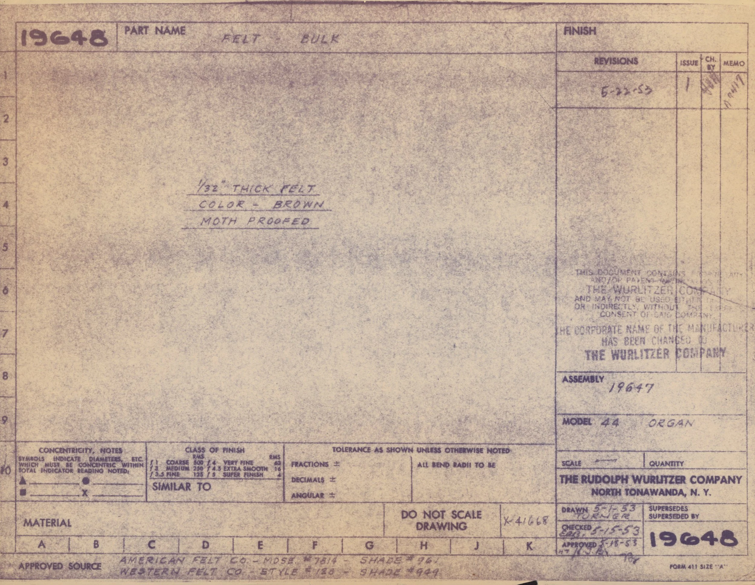 A technical data sheet with handwritten notes and specifications for felt material, including part number, thickness, color, and manufacturing details. The sheet has a grid layout with sections for revisions, material, and approval signatures, and is