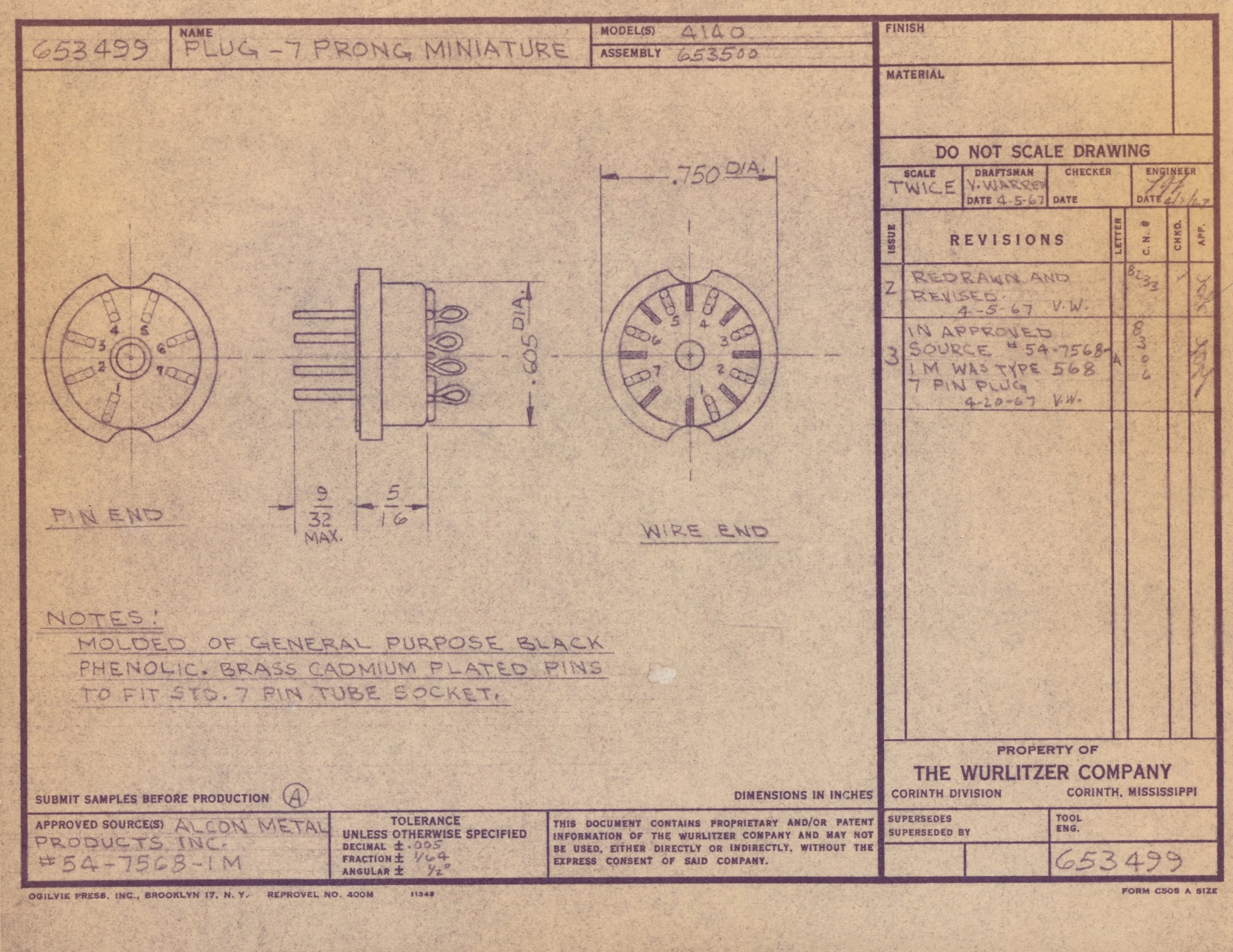 Technical blueprint or engineering drawing of a 7-prong miniature plug, showing front and side views, with detailed measurements and notes.