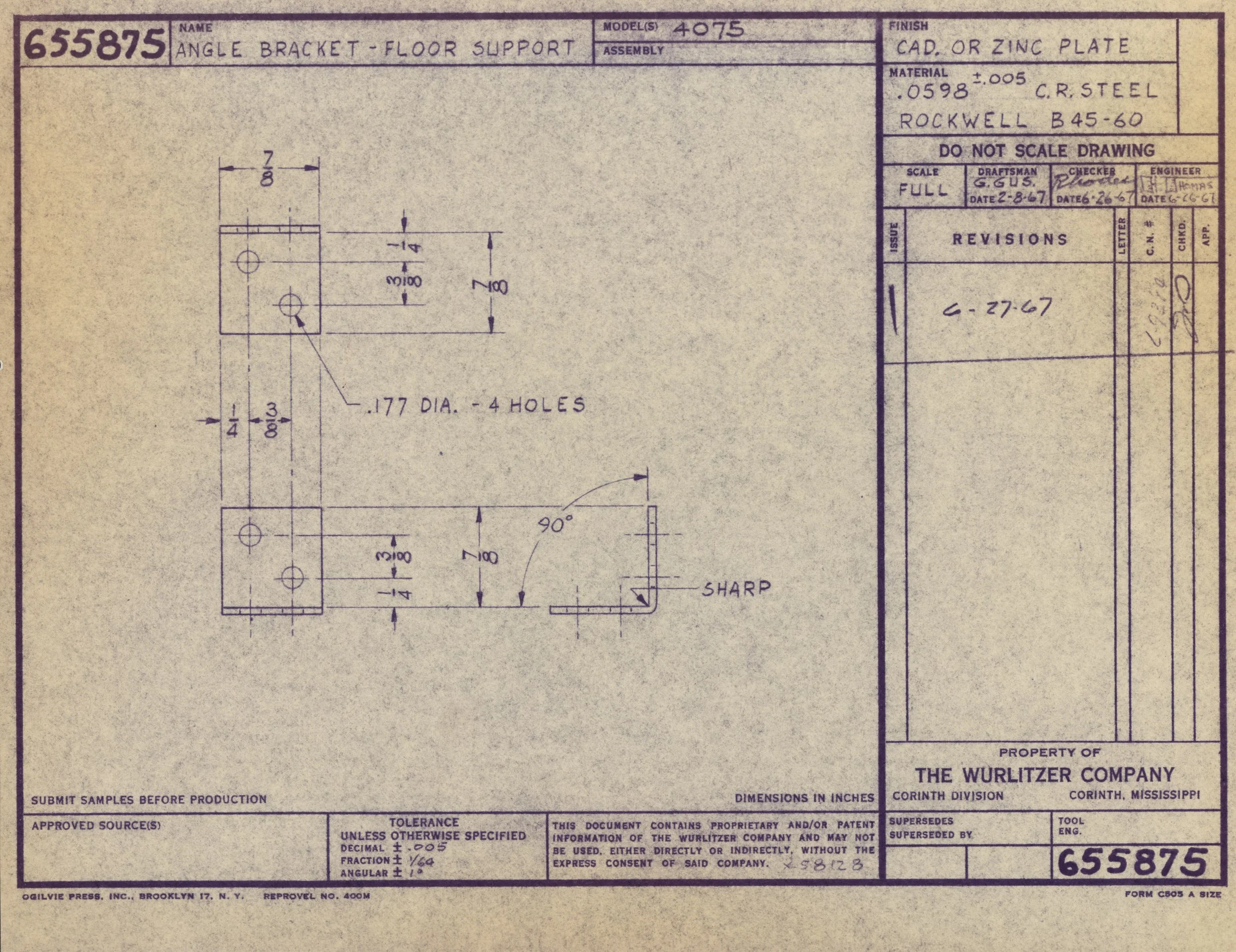 Blueprint drawing of an angle bracket floor support with detailed measurements, and manufacturing information from the Wurlitzer company in Mississippi.