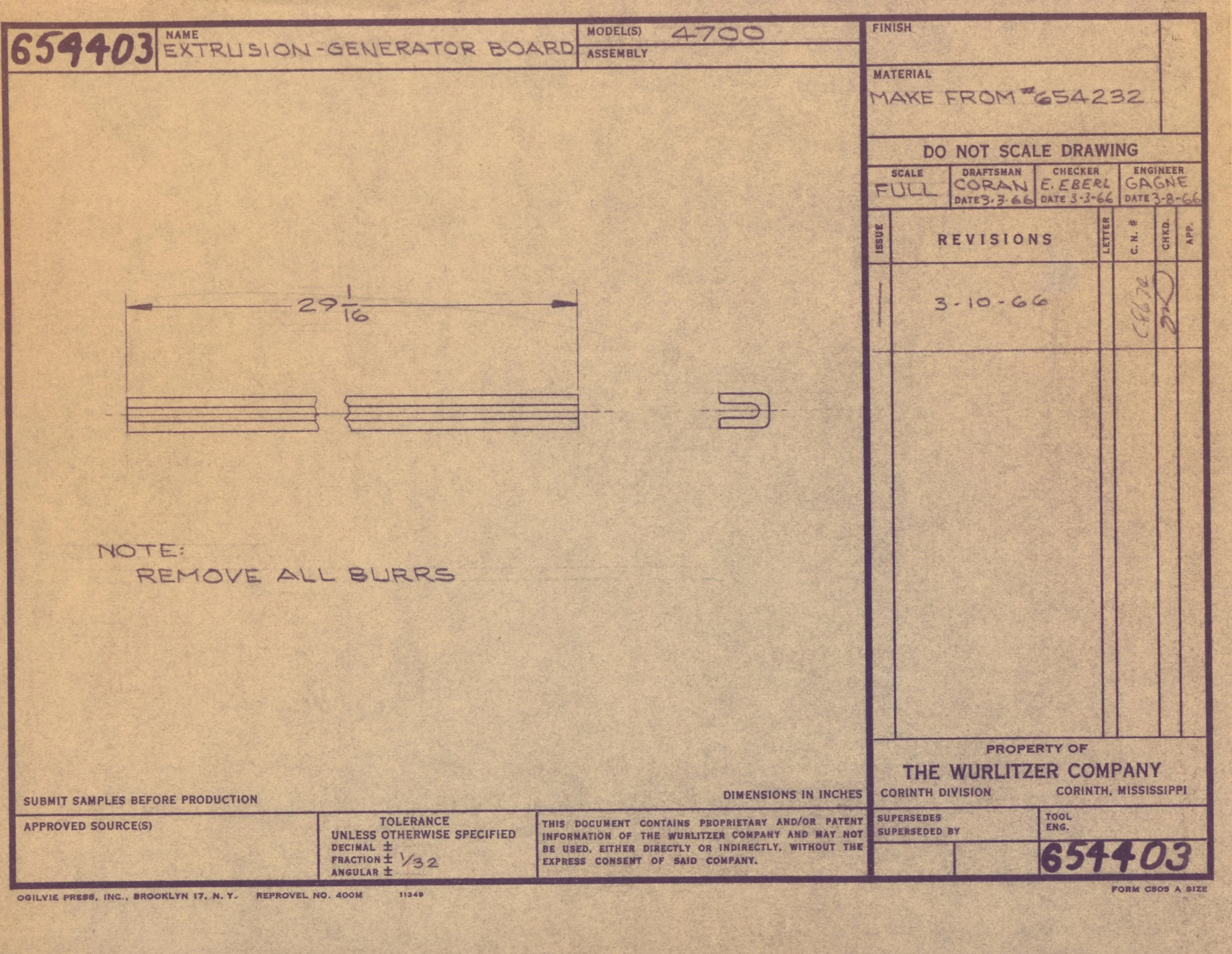 Technical drawing of an extrusion-generator board, including dimensions, revision history, and manufacturing details, with a beige background and purple ink annotations.
