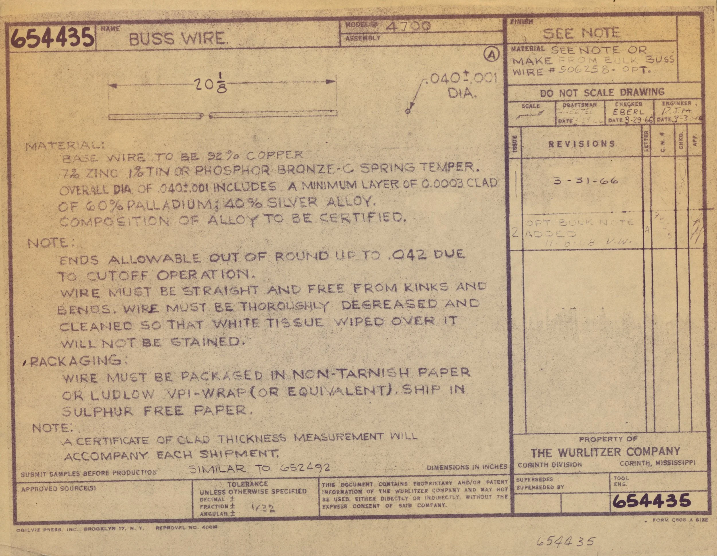 Drawing of a bus wire with measurements, technical specifications, and notes about materials and construction on aged paper from Ogilvie Press, Brooklyn, NY, with handwritten annotations and signatures.