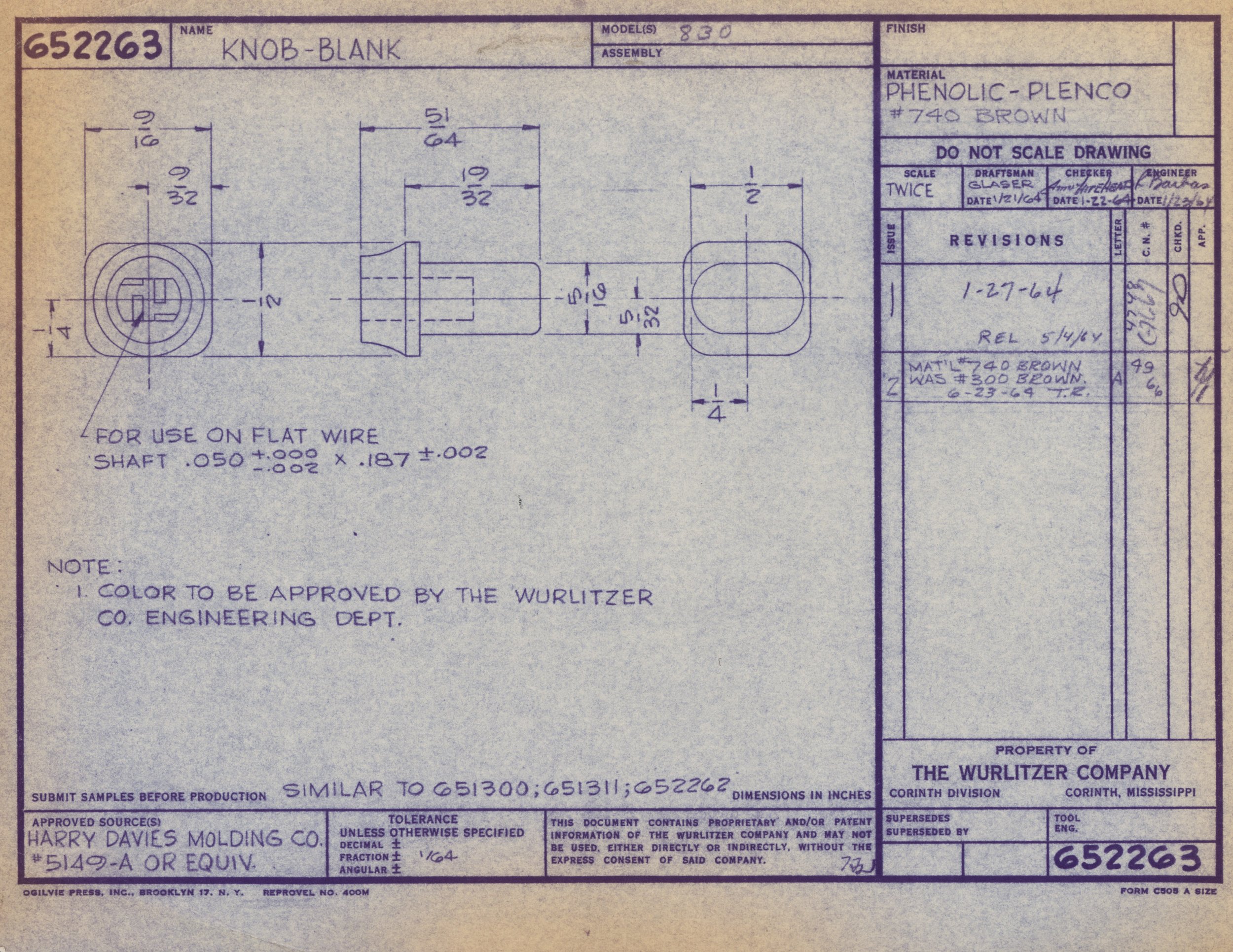 Blueprint drawing of a knob, showing front and side views with measurements, created by Harry Davies Molding Company, dated January 21, 1964.