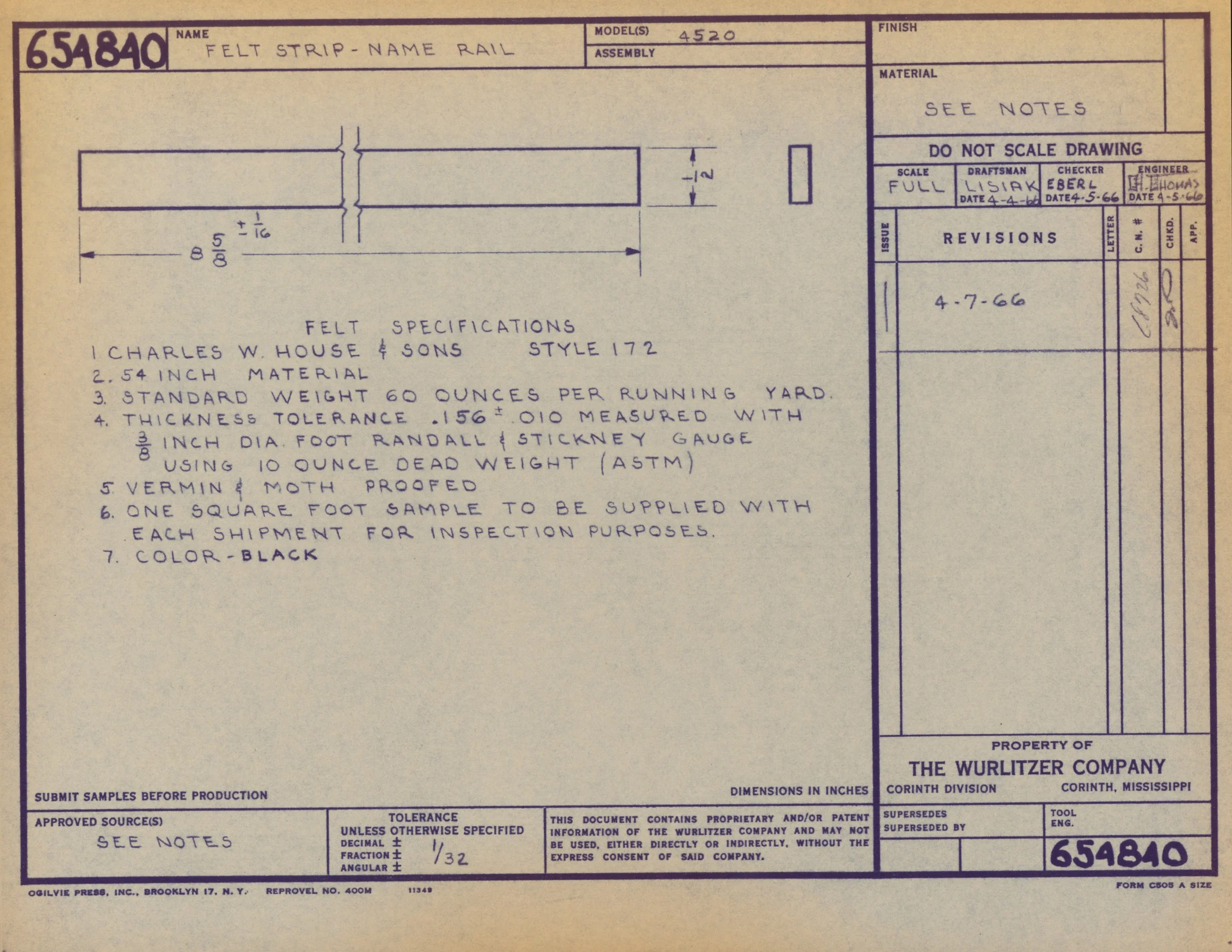 Blueprint or technical drawing for a felt strip called "Name Rail," created by Charles W. House & Sons. The drawing includes specifications, dimensions, and notes about materials and construction details, dated April 4, 1966.