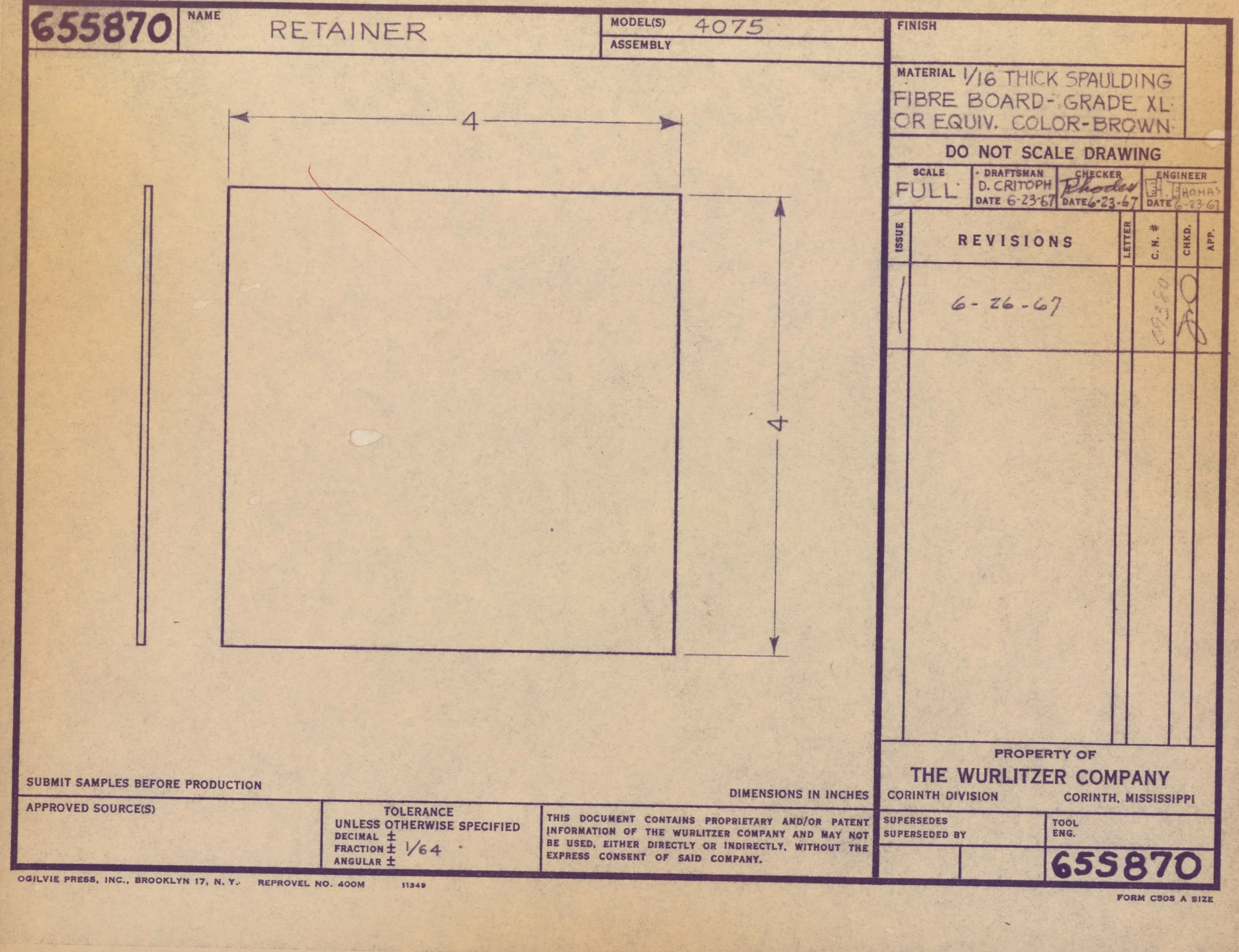 Engineering blueprint for a part labeled 'Retainer' with specifications, material details, and signatures on a purple and yellow sheet.