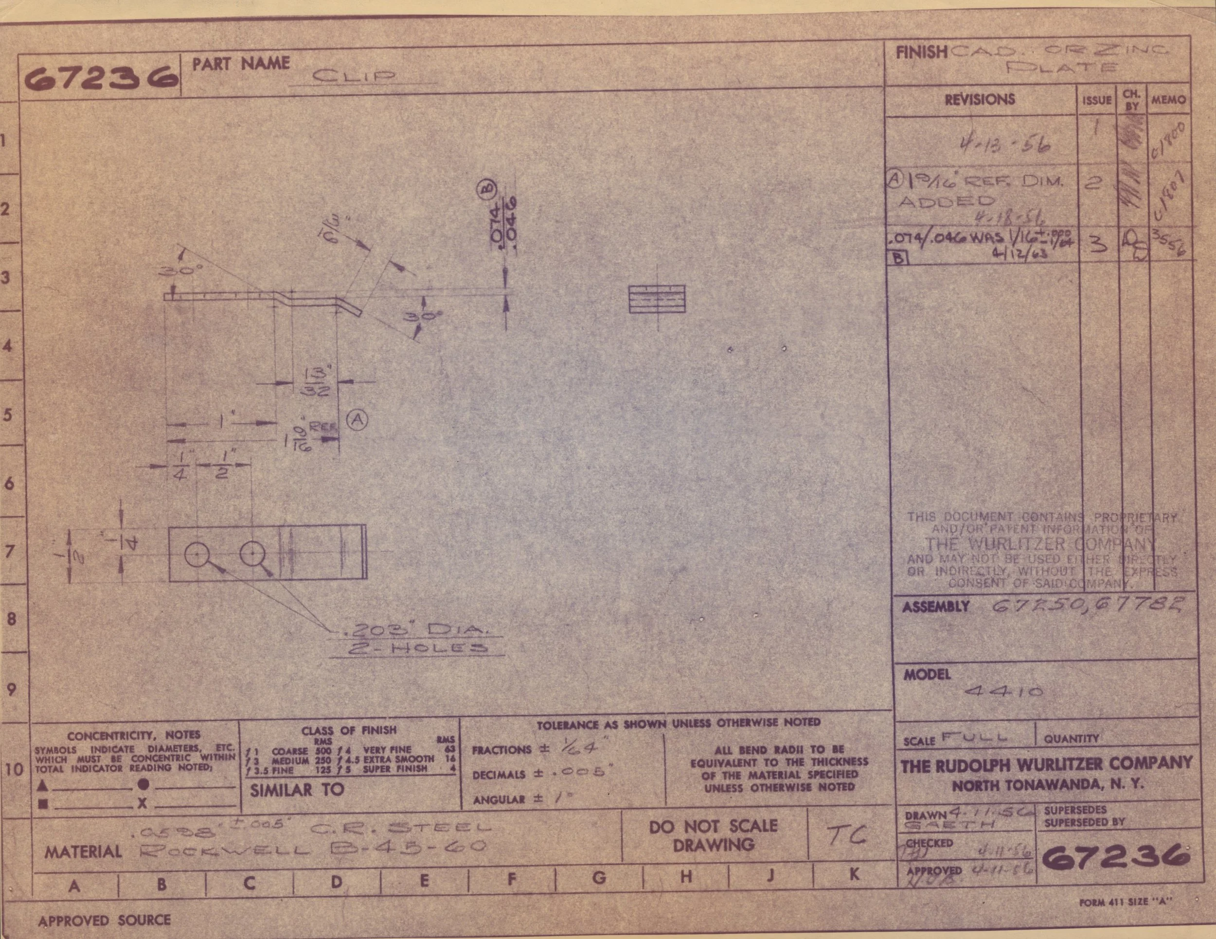 Blueprint drawing of a metal part labeled 'clip'. The drawing includes detailed measurements and notes, along with revision history and material information.
