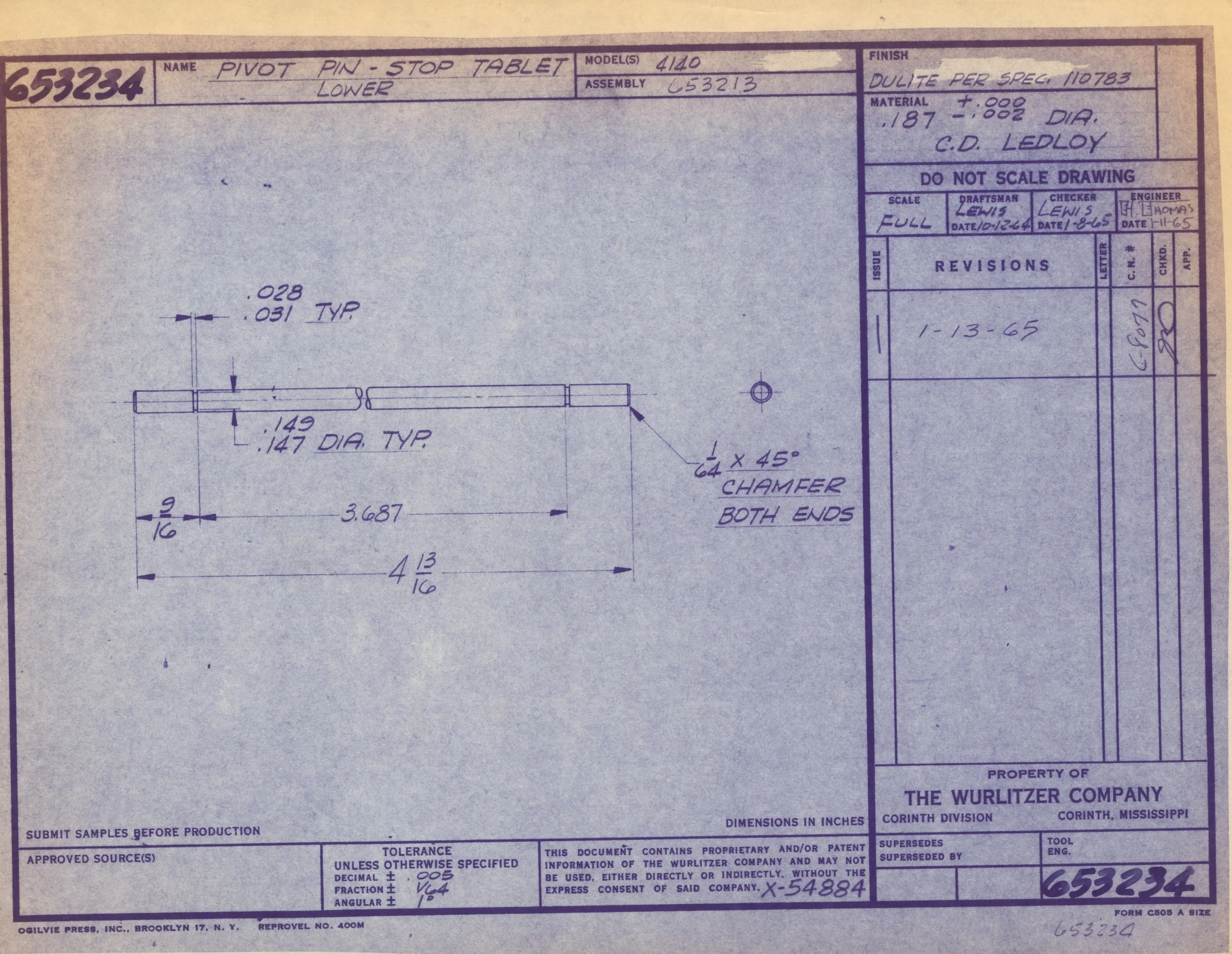 Technical drawing of a pivot pin-stop tablet lower, showing dimensions and specifications, with annotations and approval stamps.