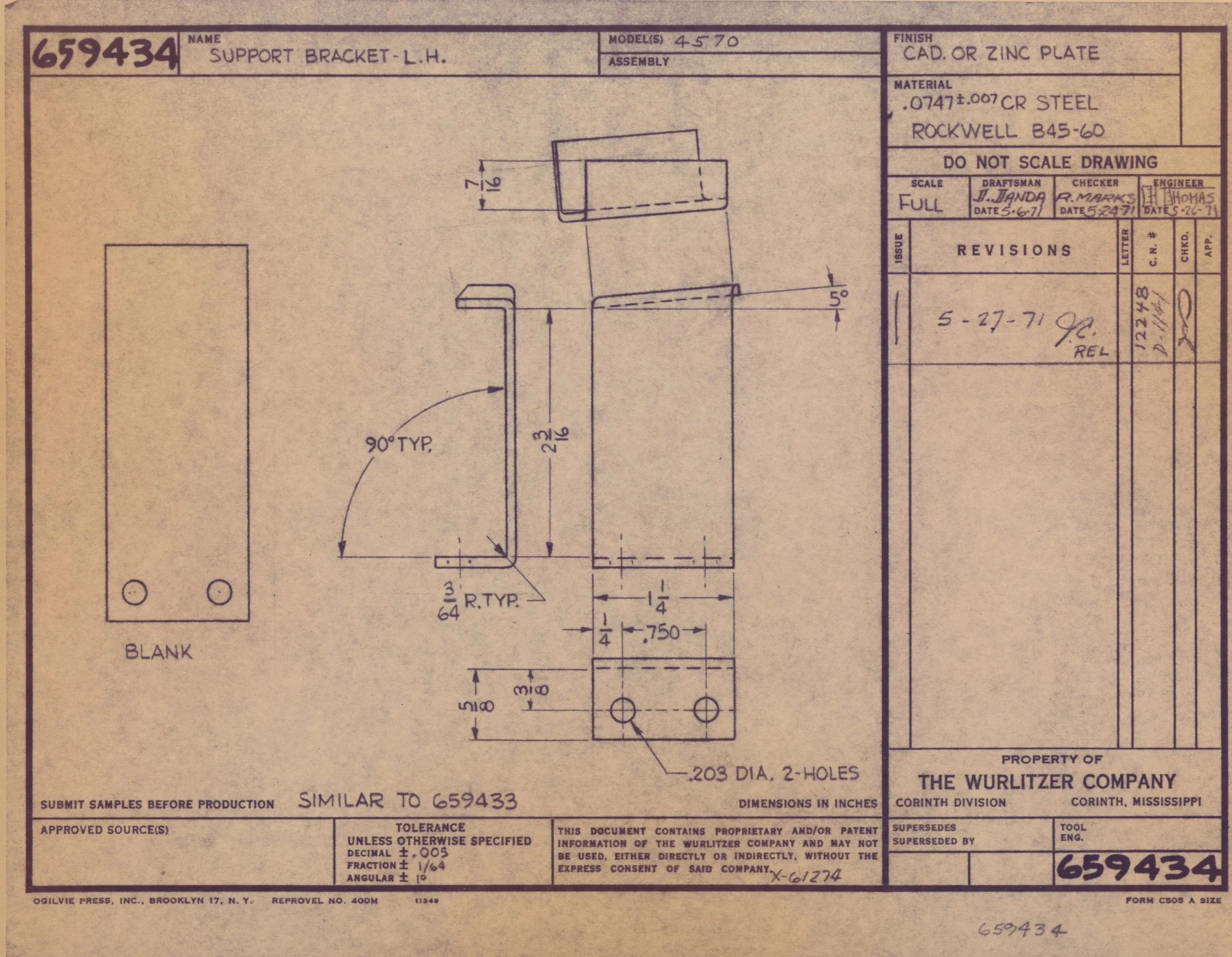 Technical drawing of a support bracket, with detailed measurements and specifications, produced by The Wurlitzer Company.