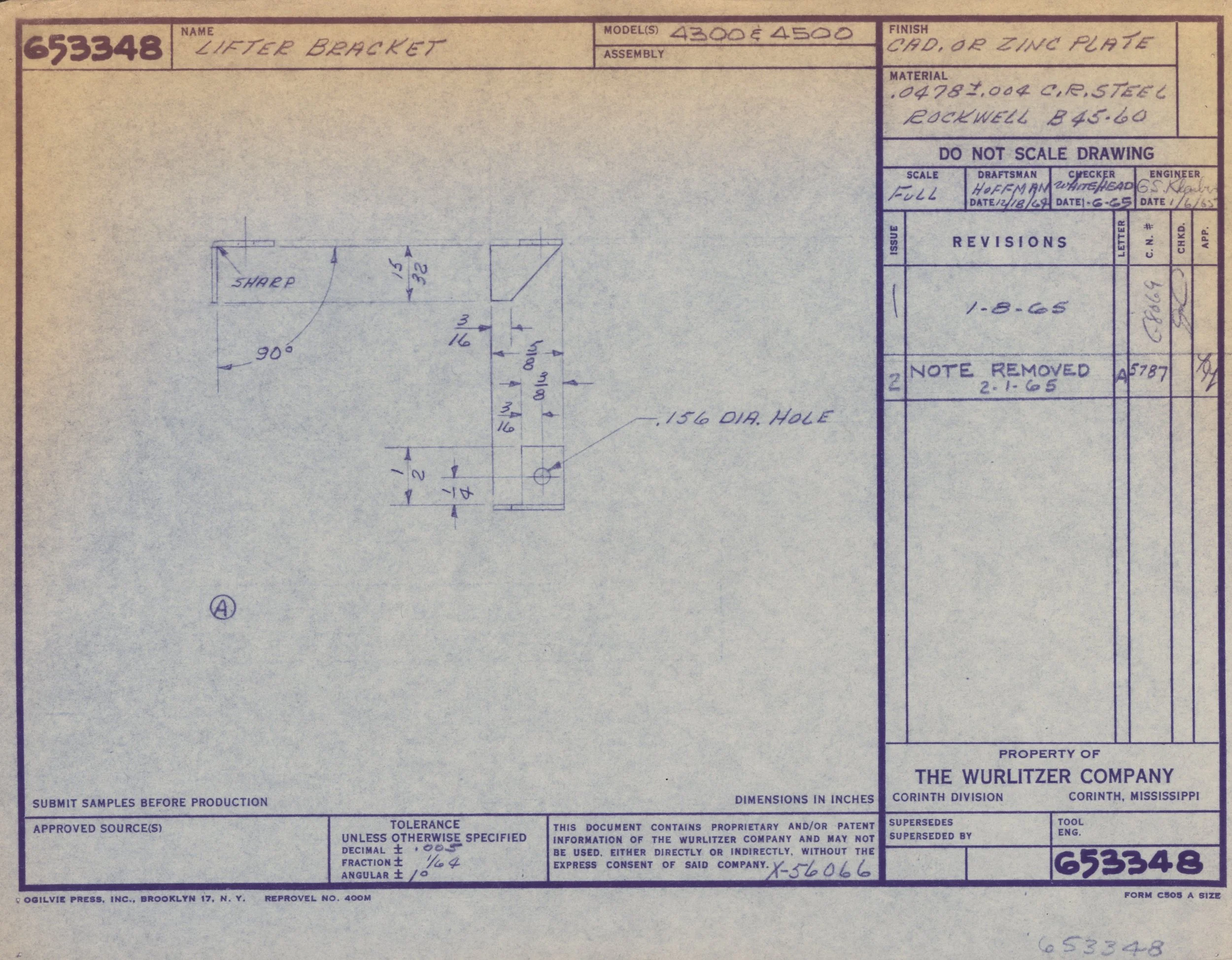 Technical drawing of a lifter bracket with dimensions, notes, and approval stamps from the Wurlitzer Company, Corinth, Mississippi.