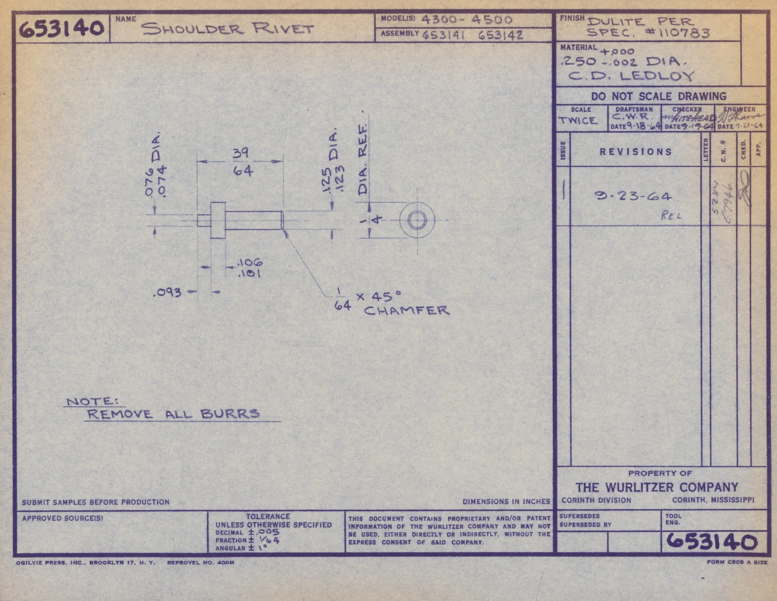 Technical drawing blueprint of a shoulder rivet with detailed measurements and specifications, including notes on burr removal and material composition.