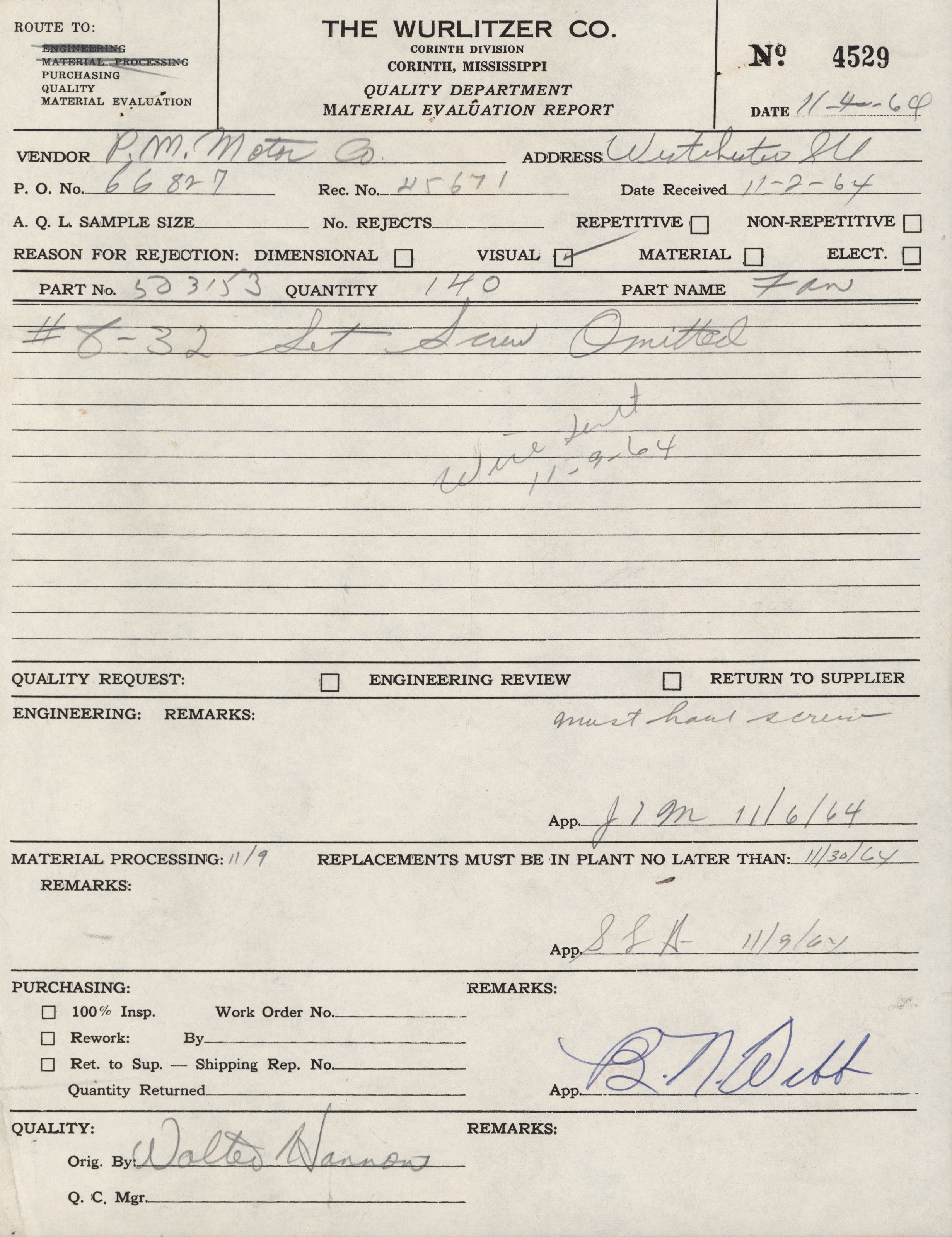 A vintage material evaluation report form from The Wurlitzer Co., dated November 1964, with handwritten notes, signatures, and various stamped and checked fields.