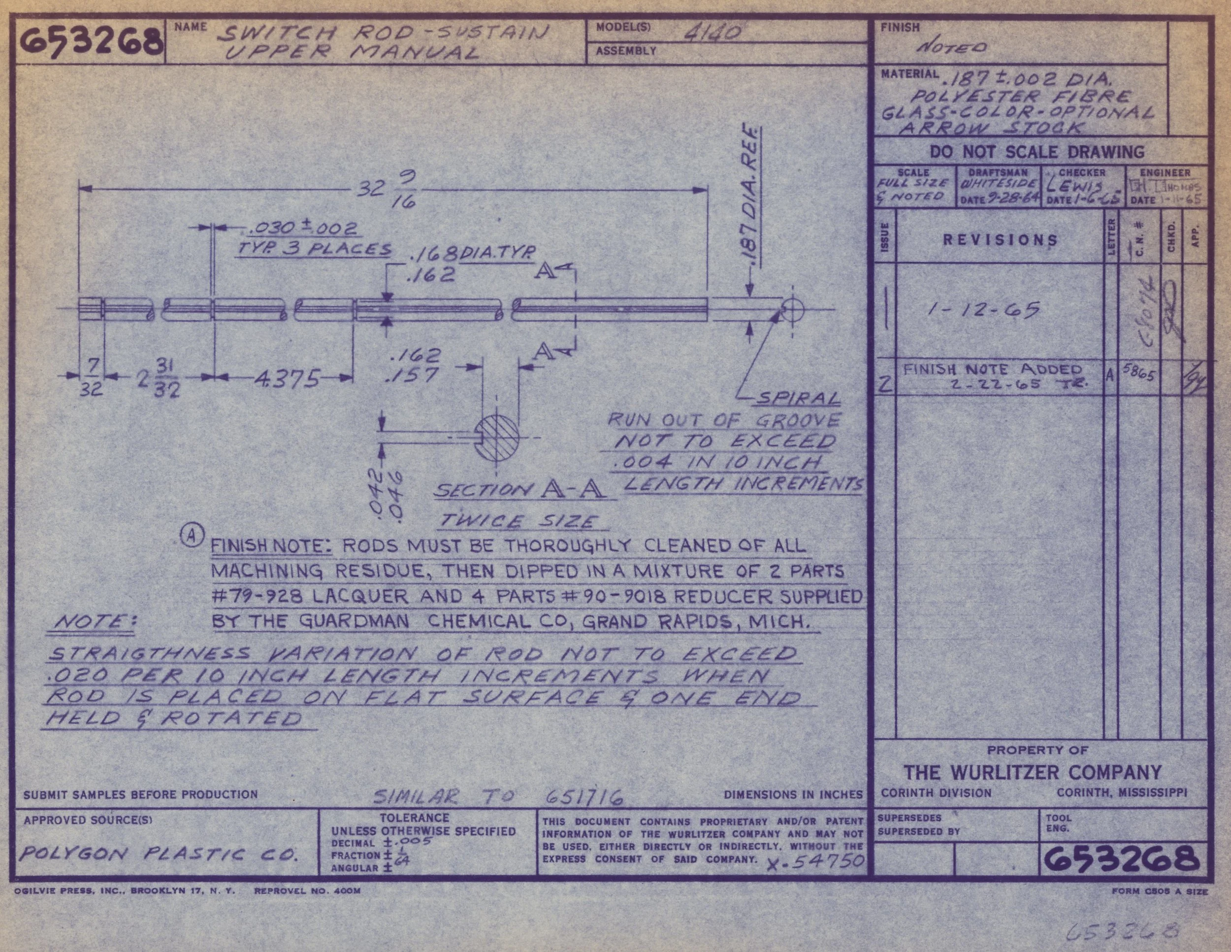 A technical drawing of a switch rod for an upper manual, showing detailed measurements, specifications, and material notes, with handwritten annotations, revision history, and approval signatures.