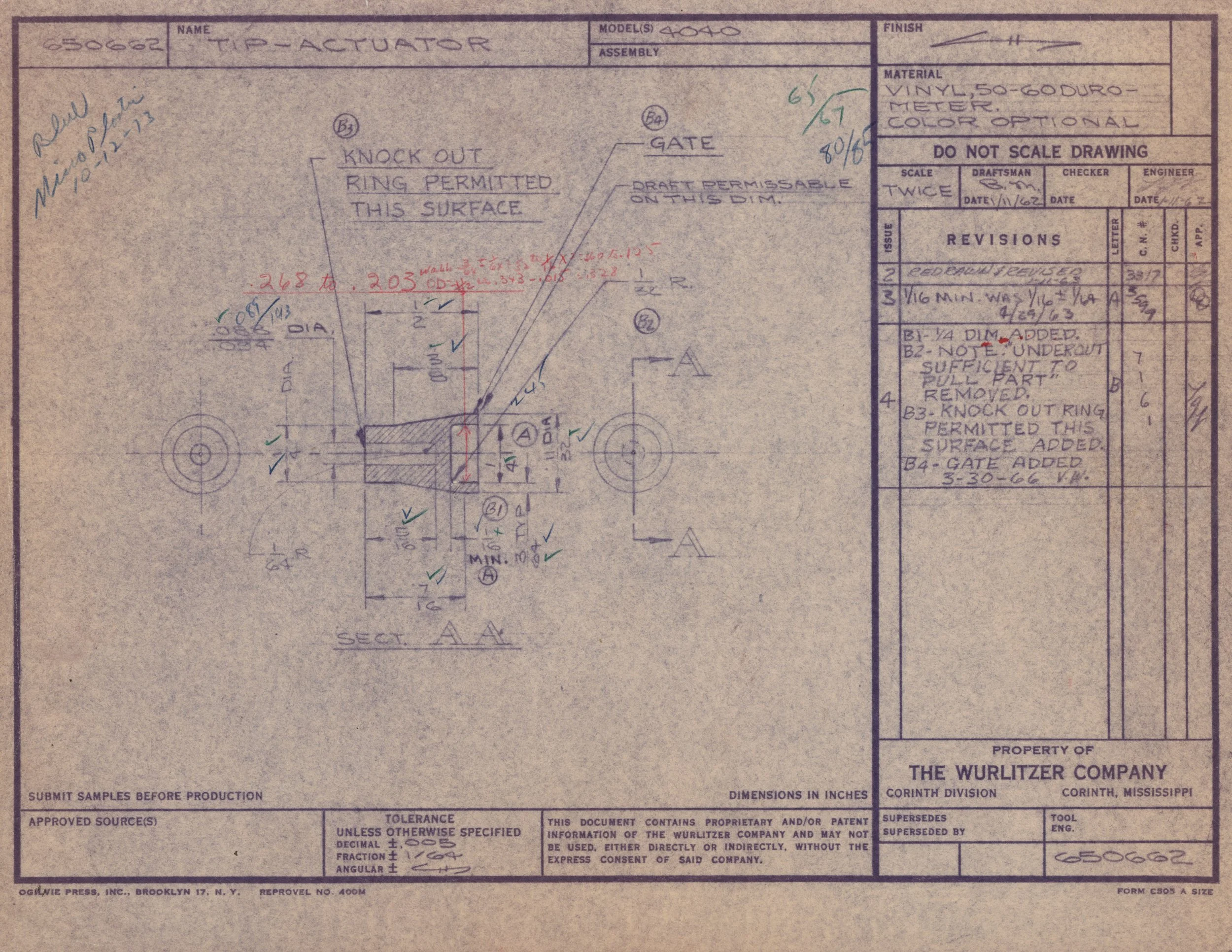 Blueprint plan for a Tip-Acuator with notes, measurements, and labels, including details on assembly, materials, and revisions.