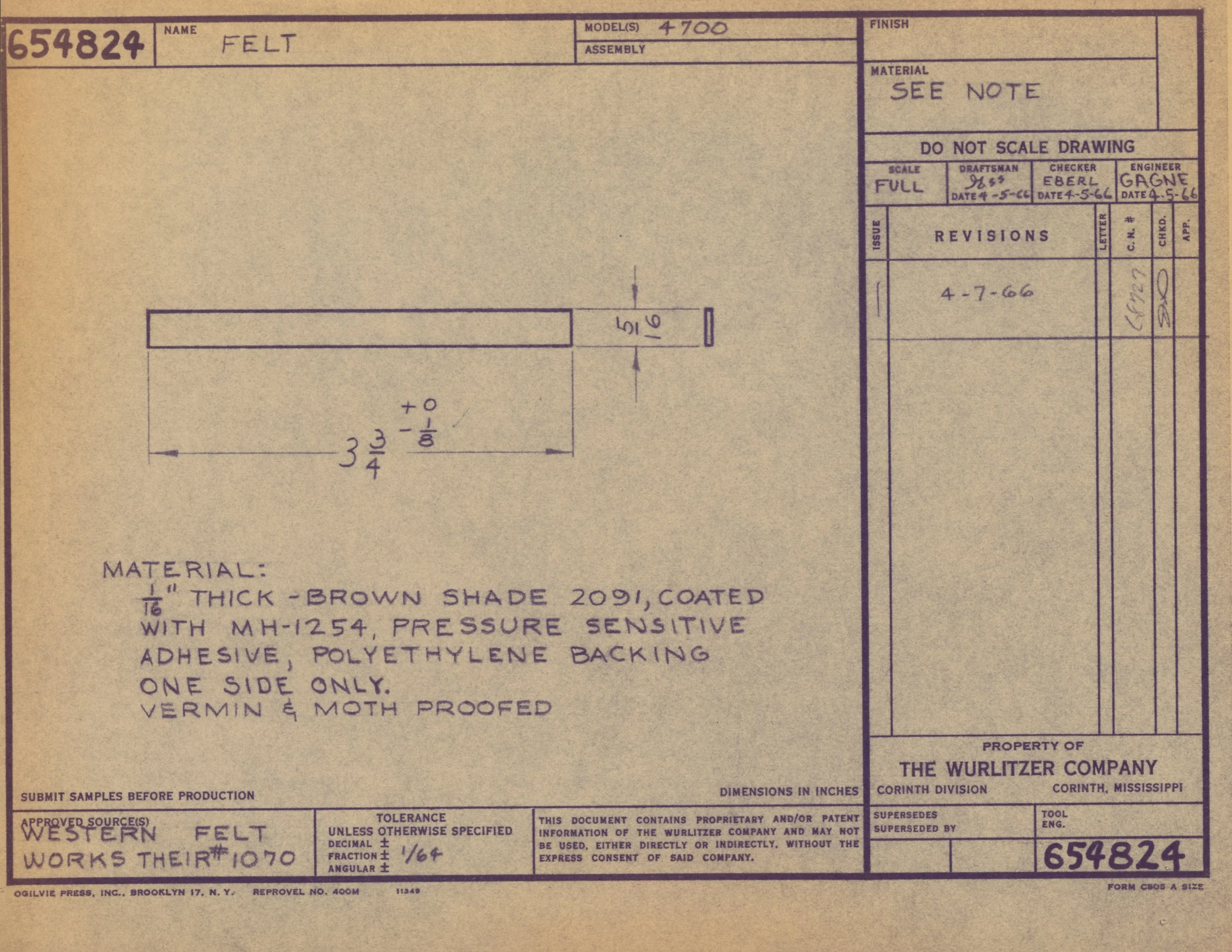 A technical drawing or patent illustration for a felt product, showing measurements and material specifications, including details for construction and manufacturing.