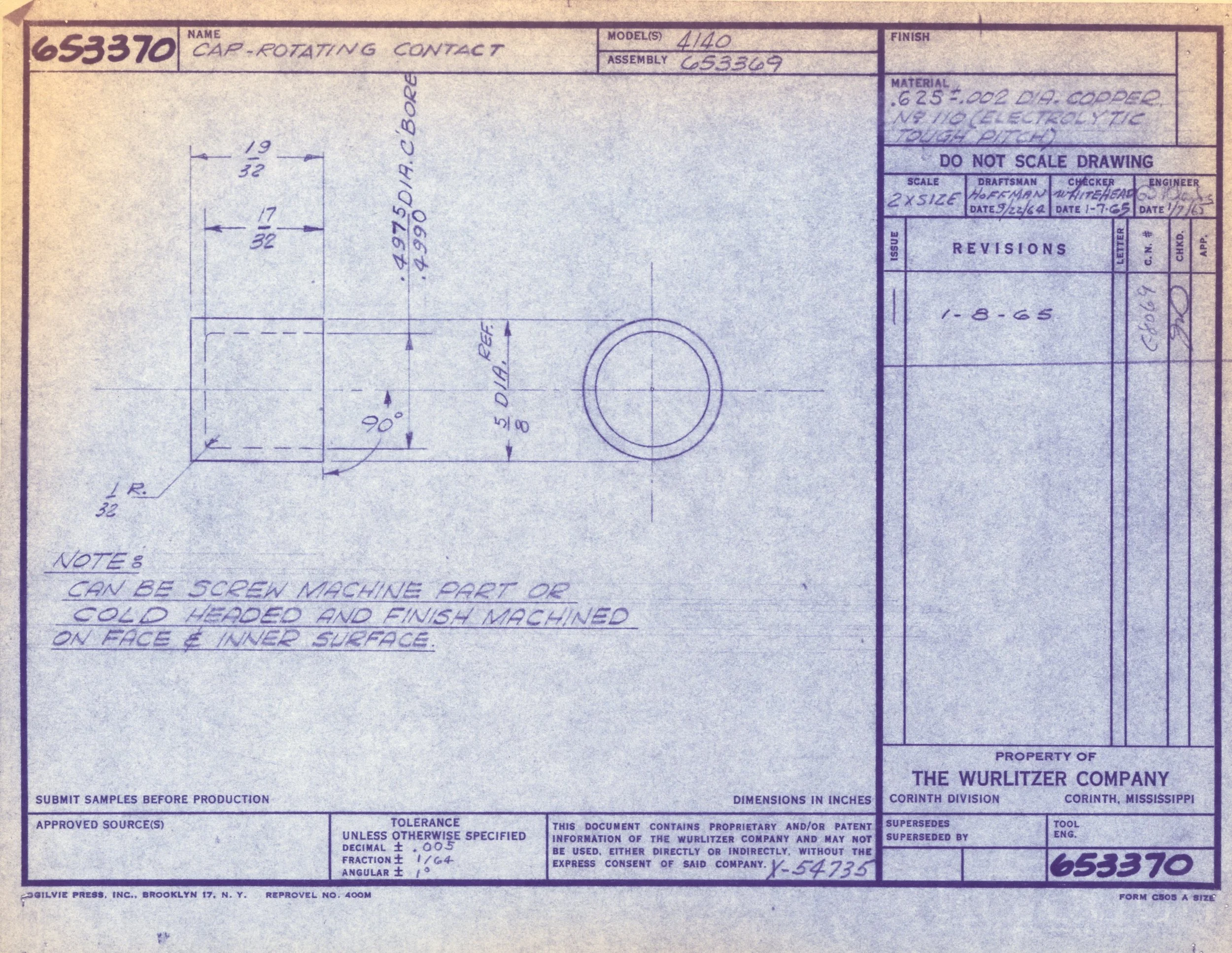 Technical blueprint or engineering drawing for a rotating contact cap, including detailed measurements and material specifications, produced by The Wurlitzer Company.
