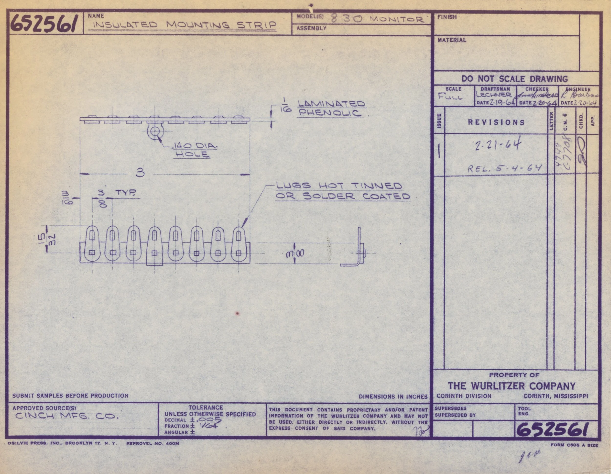 Technical blueprint or engineering drawing of an insulated mounting strip with detailed dimensions, annotations, and notes from Wurlitzer Company, c.1964.