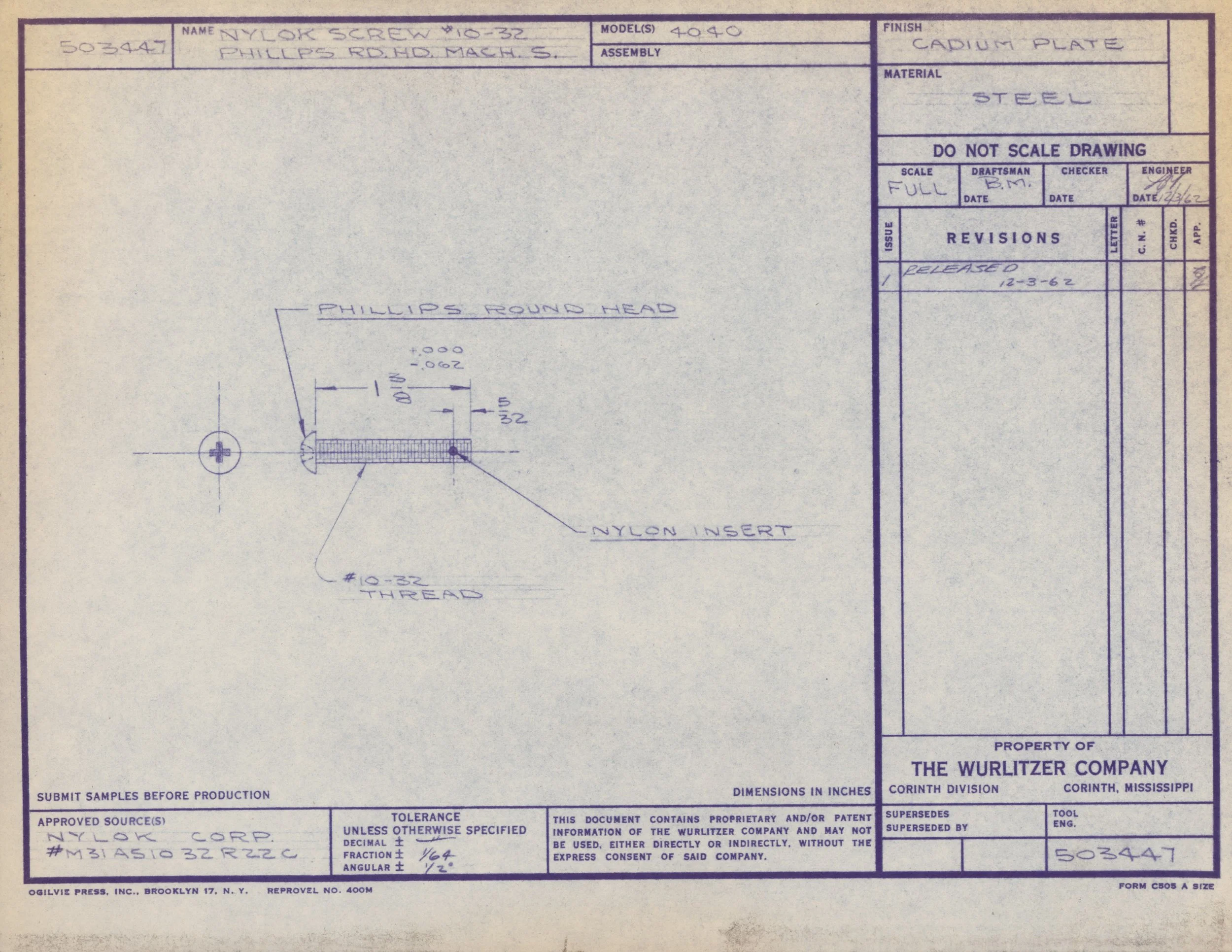 Blueprint drawing of a Phillips round head screw with technical specifications and details. The document contains labels, measurements, and notes related to the screw's design and manufacture.