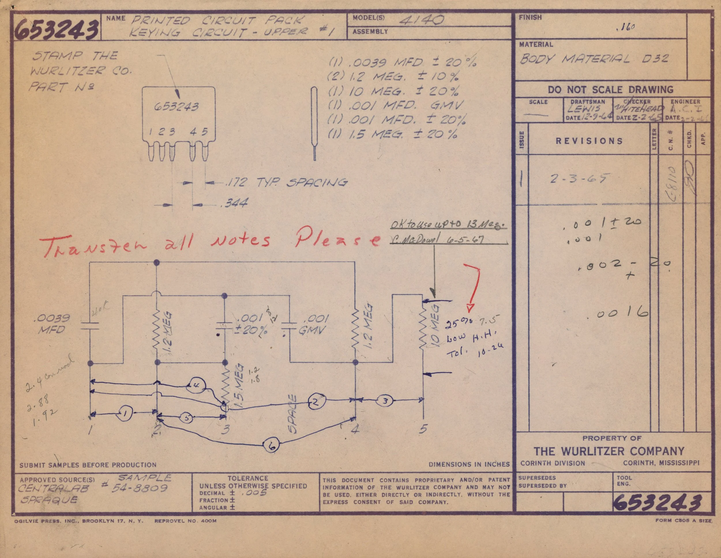 A detailed technical schematic diagram of an electronic circuit, including handwritten notes, component specifications, and annotations, from an engineering blueprint by the Wurlitzer Company.