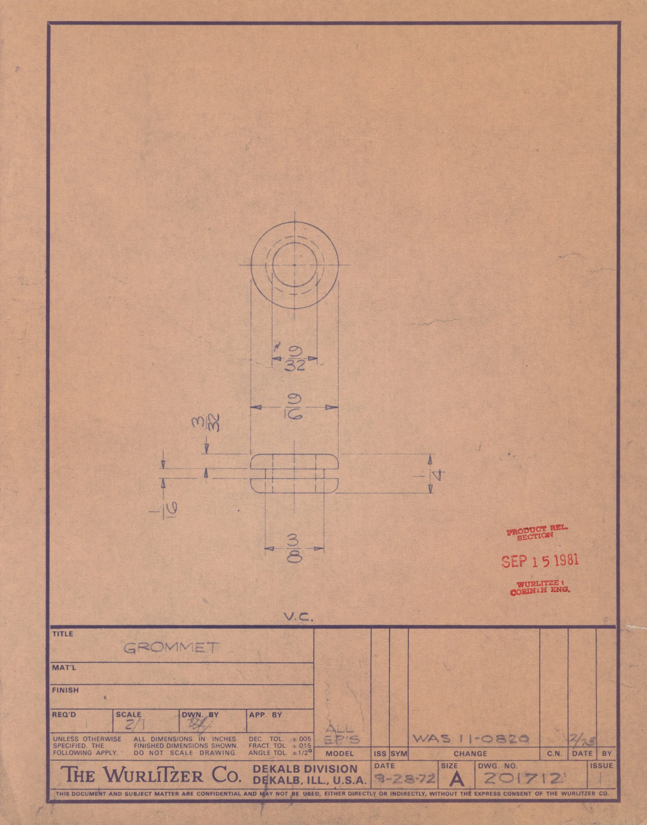 Blueprint technical drawing from The Wurlitzer Co., showing detailed measurements and annotations for a part called GROMMET, created by Wurlitzer in DeKalb, Illinois, issued on September 15, 1981.
