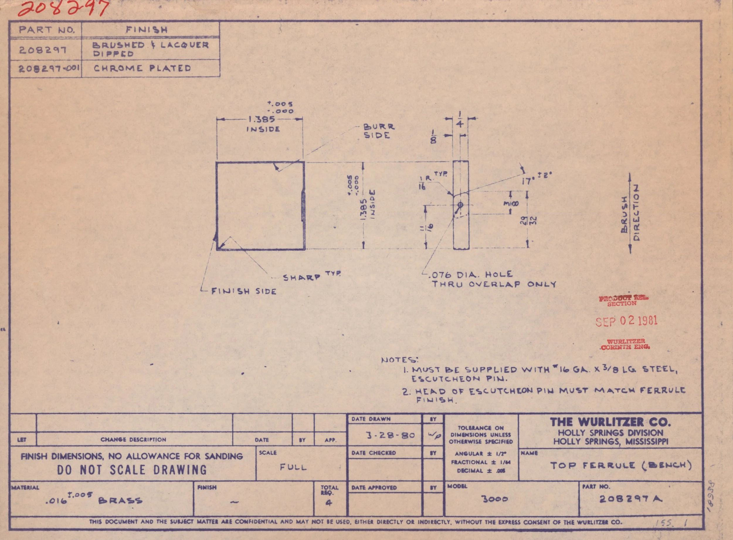 Engineering blueprint for a top ferrule, including measurements, material specifications, and notes for assembly, dated March 28, 1980.