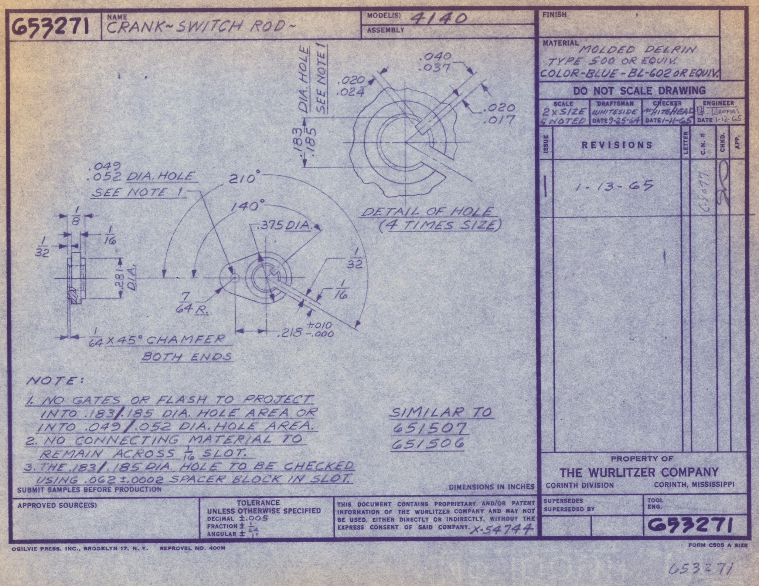 Technical drawing of a crank-switch rod with detailed measurements, annotations, and specifications, created on light purple blueprint paper.