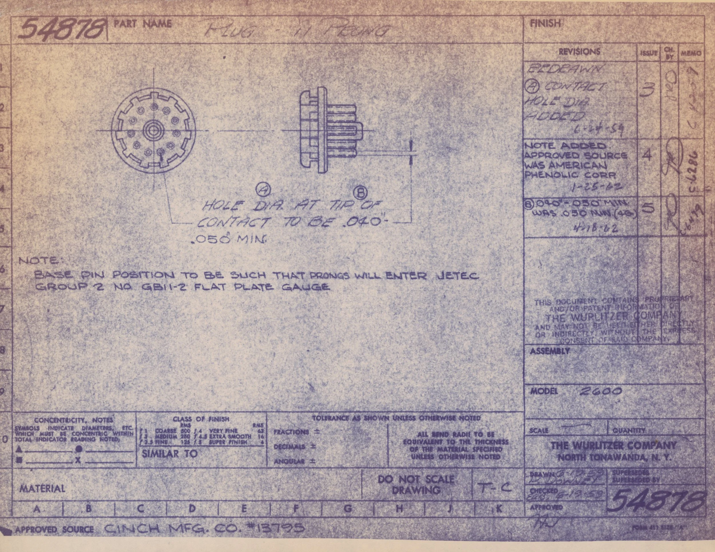 Technical drawing or blueprint of a mechanical part, showing front and side views with measurements and notes.