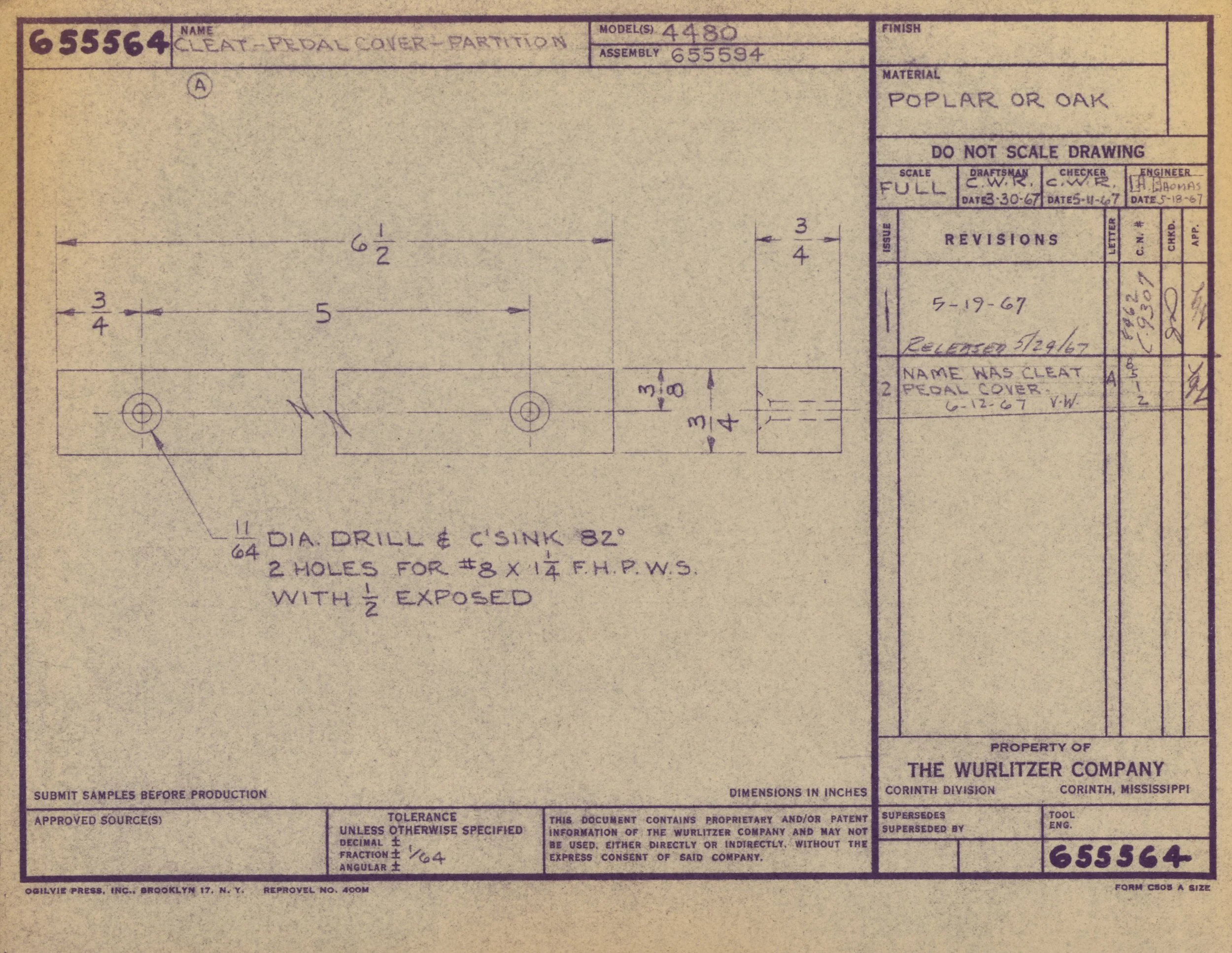 A technical drawing of a cleat pedal cover part, showing dimensions and specifications, with handwritten notes and signature.