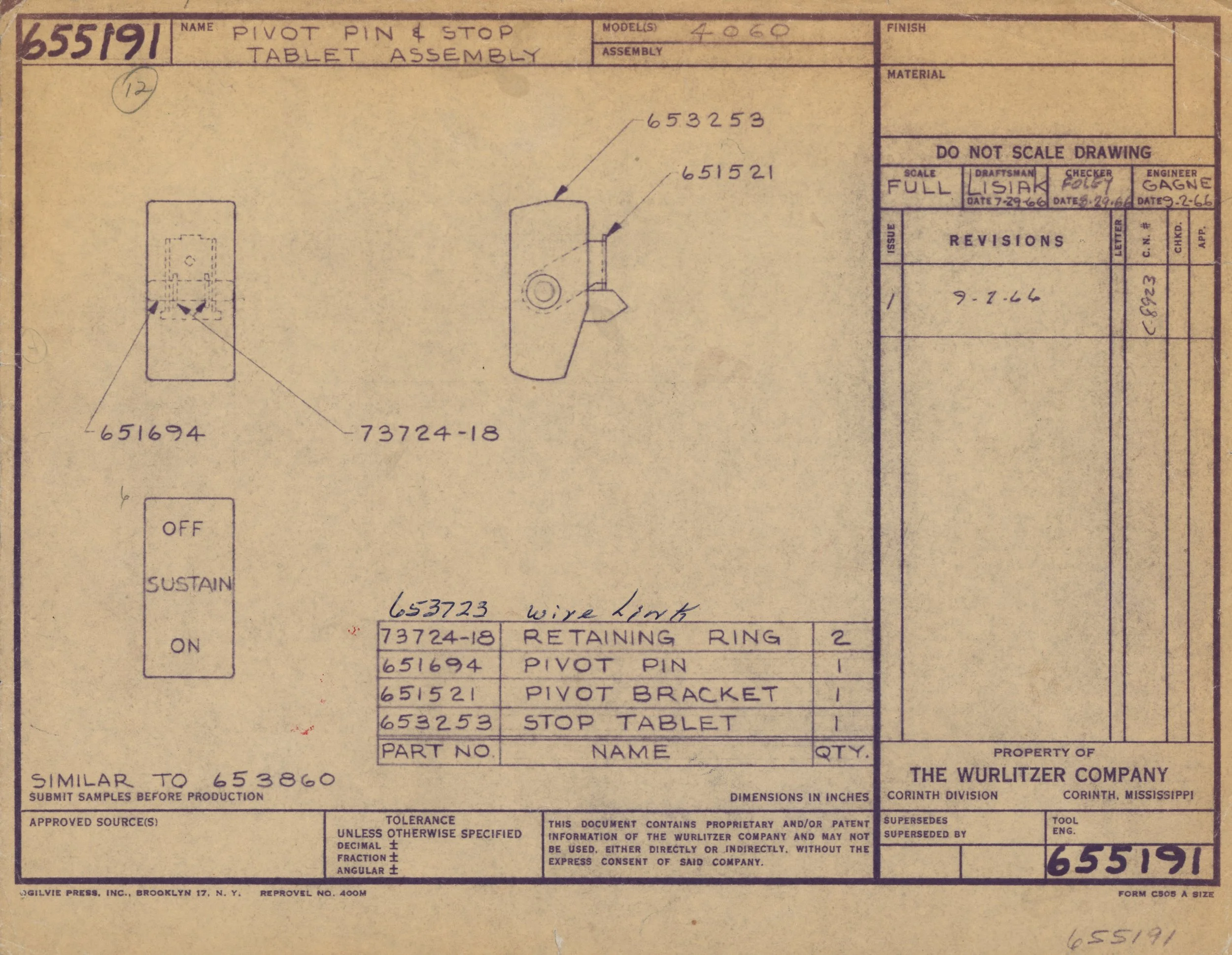 Blueprint for a part labeled as 'Pivot Pin & Stop Tablet Assembly' with numbers and diagrams showing the component details and measurements.