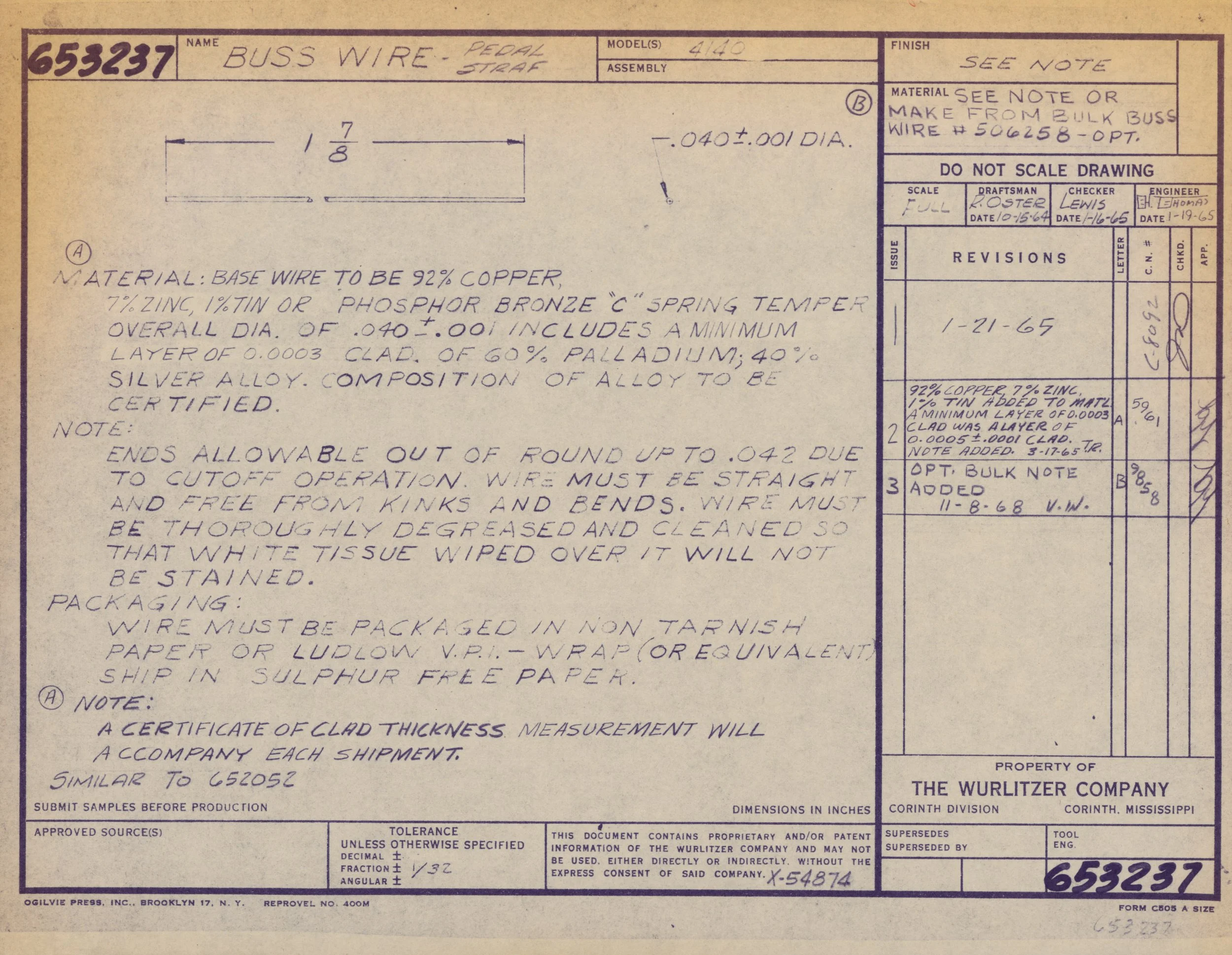 A technical drawing or blueprint of a wire labeled 'Buss Wire - Pear Strait,' with detailed specifications and notes about materials, dimensions, and manufacturing instructions.