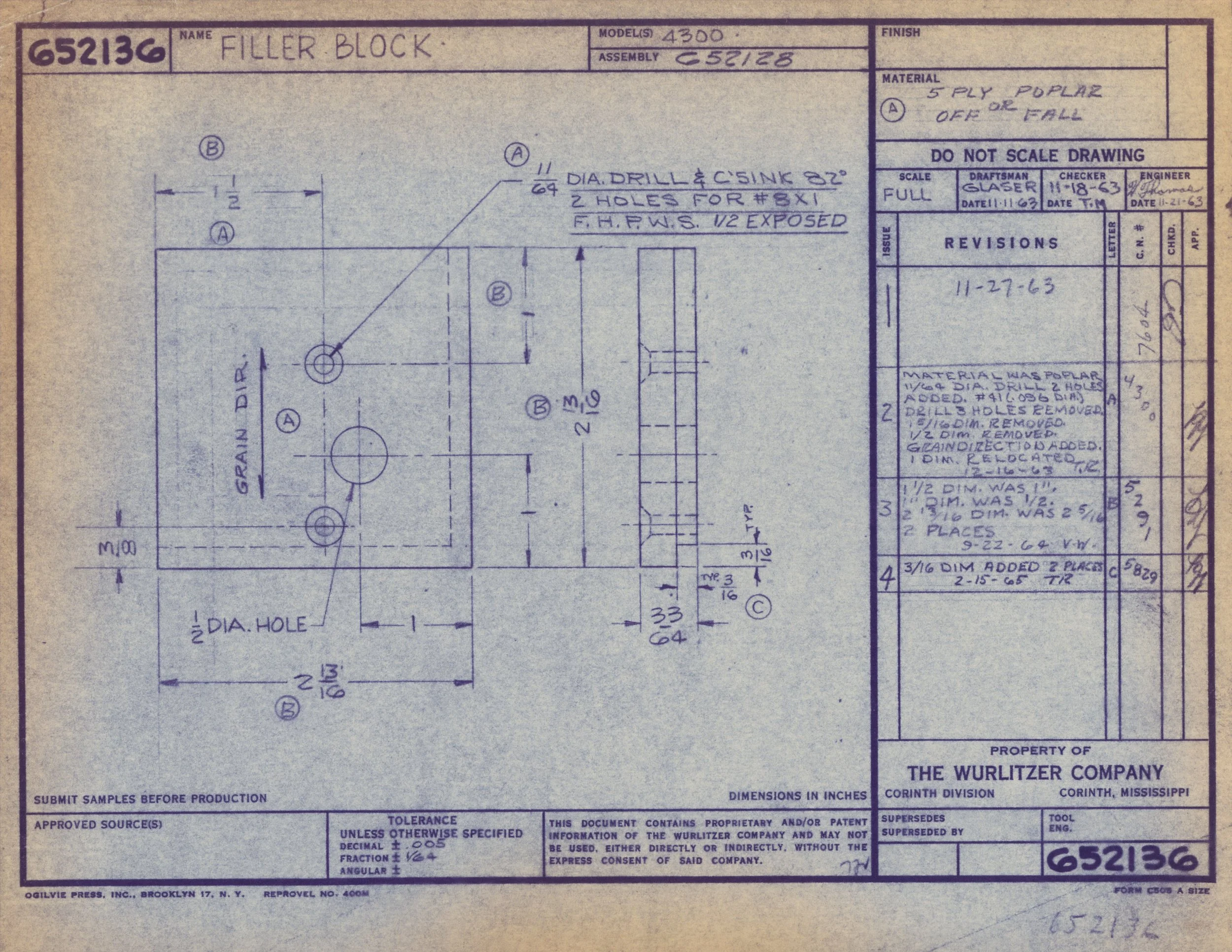 Technical blueprint drawing of a filler block with dimensions and construction details, created by The Wurlitzer Company.