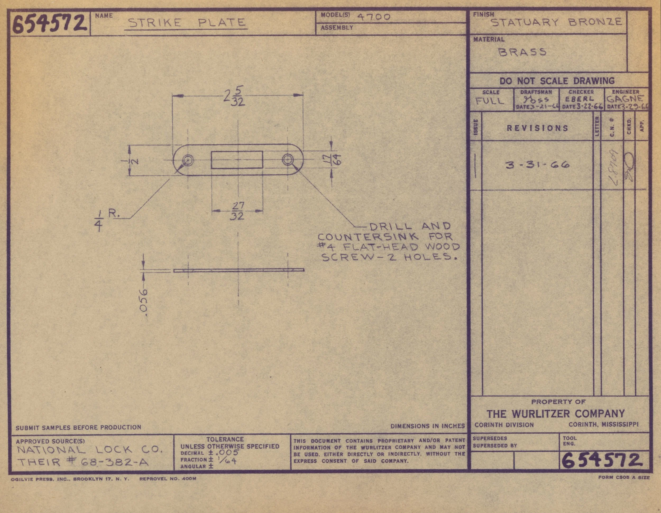 Blueprint drawing of a brass strike plate with detailed measurements.