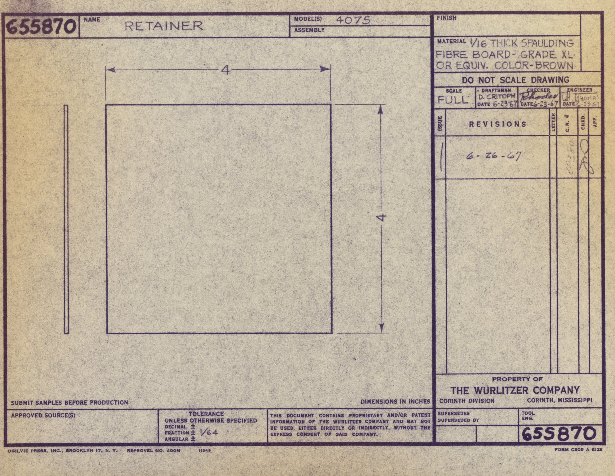 A technical drawing blueprint for a furniture retainer, including dimensions and material specifications, issued by The Wurlitzer Company in Corinth, Mississippi.