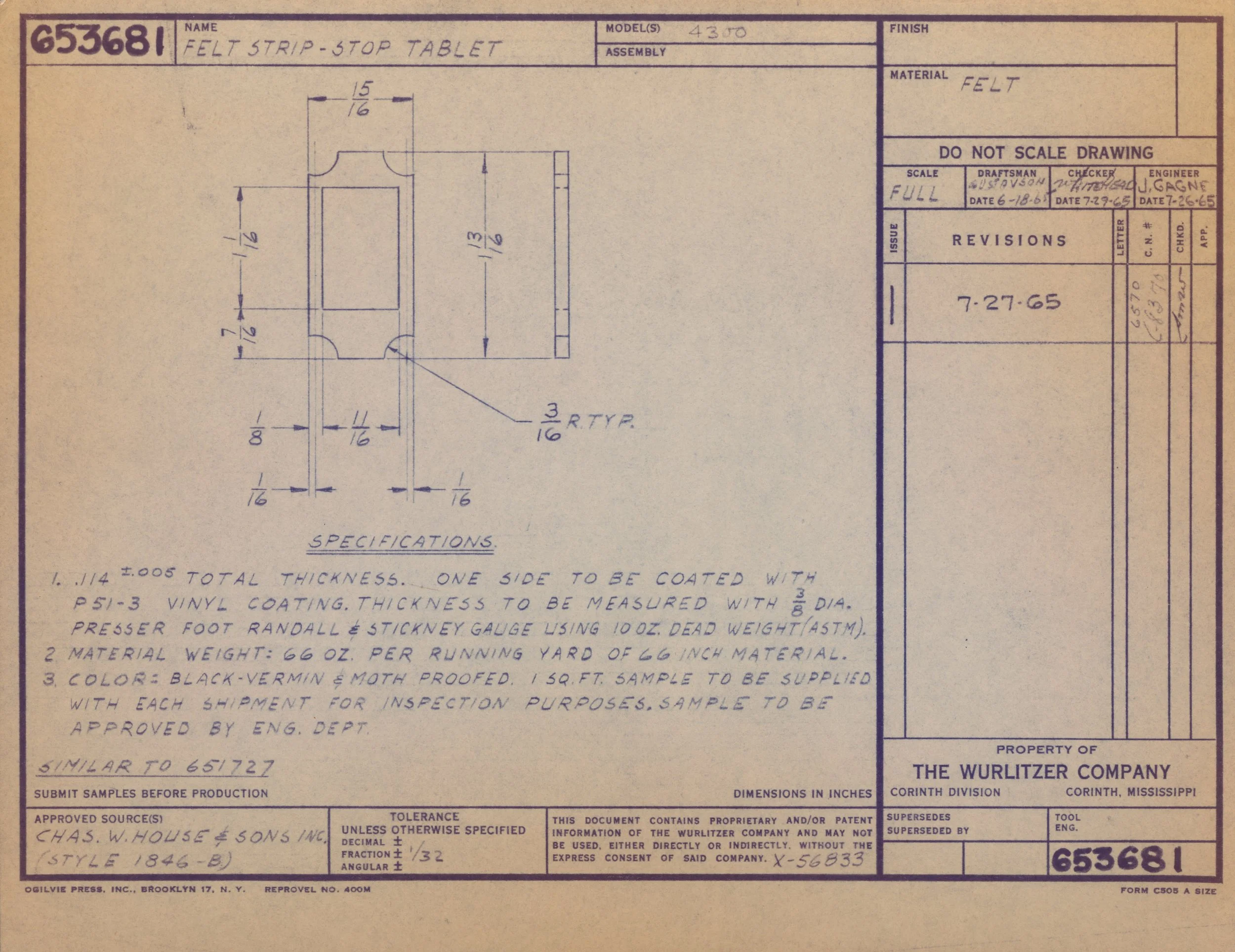 Blueprint for a felt strip-stop tablet with detailed measurements and specifications, including thickness, material, color, and sample supply information.