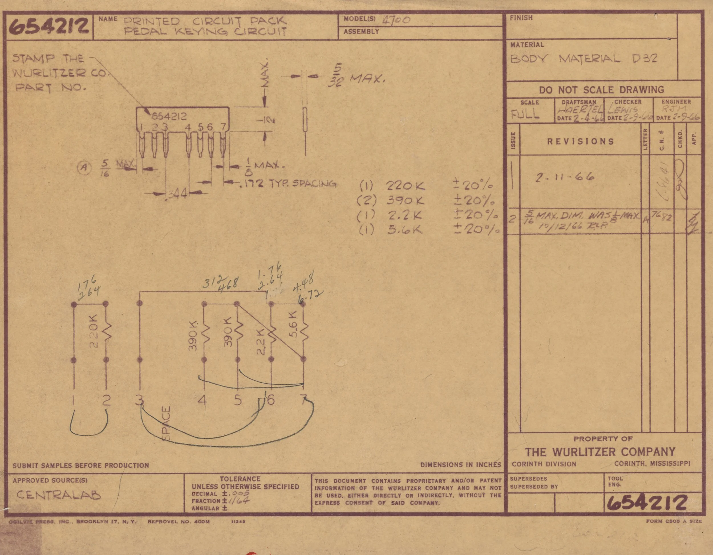 Technical schematic drawing of printed circuit pack pedal keying circuit with detailed measurements, annotations, and component labels, issued by The Wurlitzer Company.