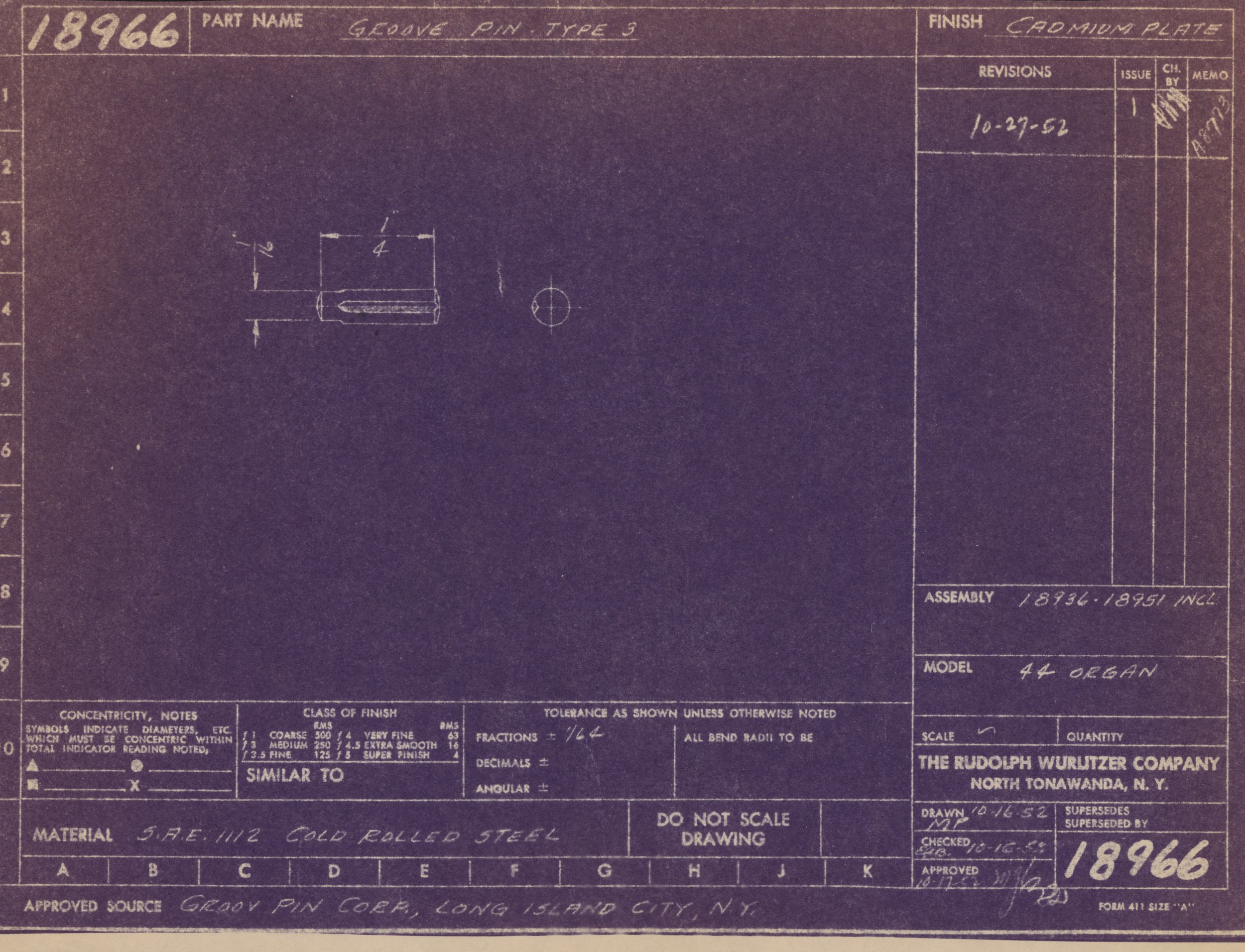Vintage engineering blueprint for a groove pin, type 3, with detailed technical drawing and specifications, including dimensions, materials, and manufacturer information.