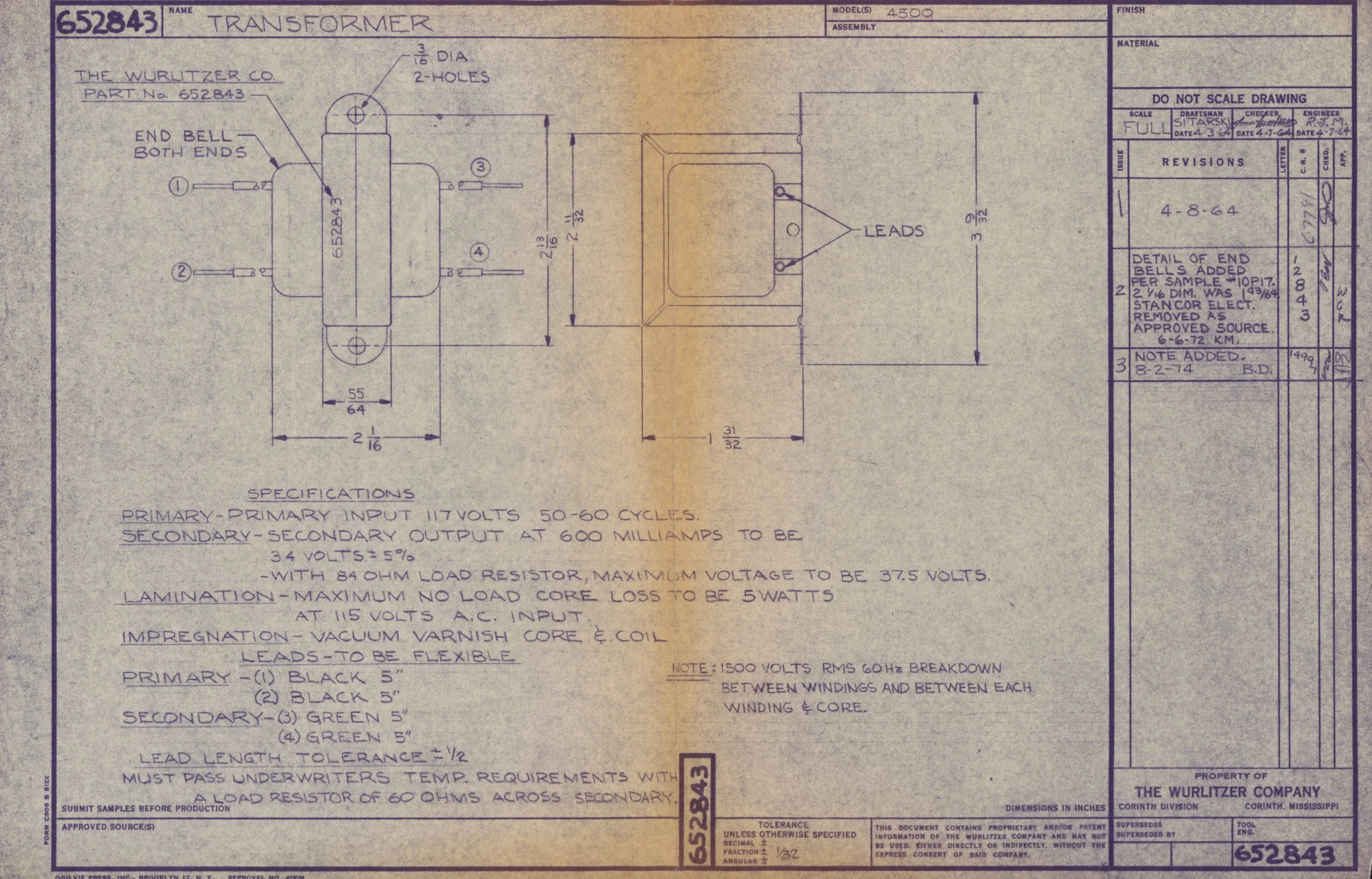 Technical engineering drawing of a transformer with dimensions, specifications, and detailed annotations.