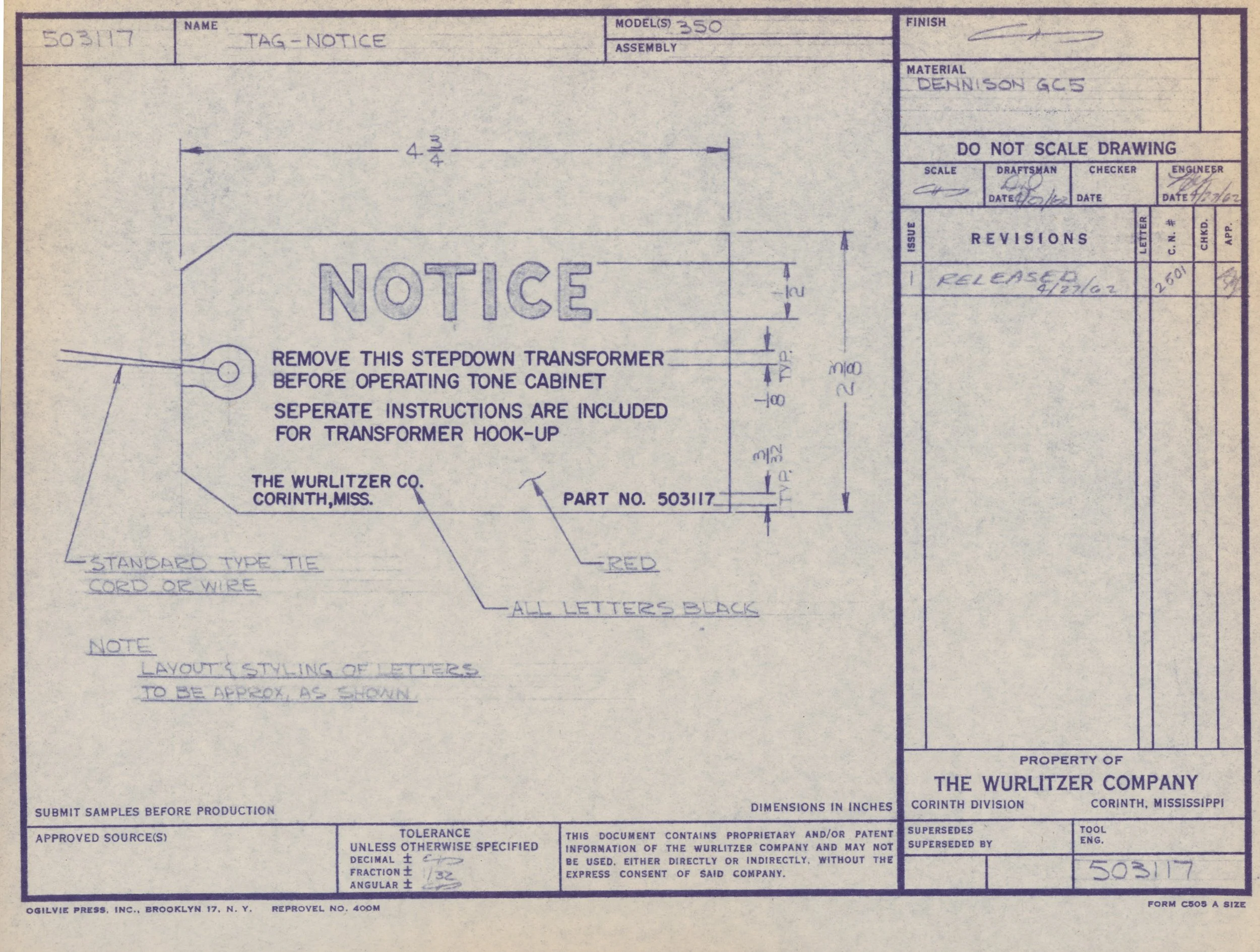 Technical engineering drawing for a part labeled as a "Tag-Notice" made from Denison GCS material. The drawing includes measurements, instructions, revision history, and property details, with a prominent note instructing removal of a stepdown transf