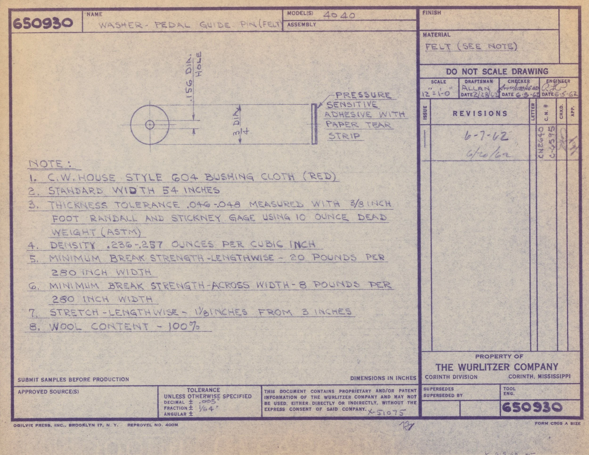 Technical drawing of a washer pedal guide pin made of felt, with detailed dimensions, notes, and revision information, issued by The Wurlitzer Company.
